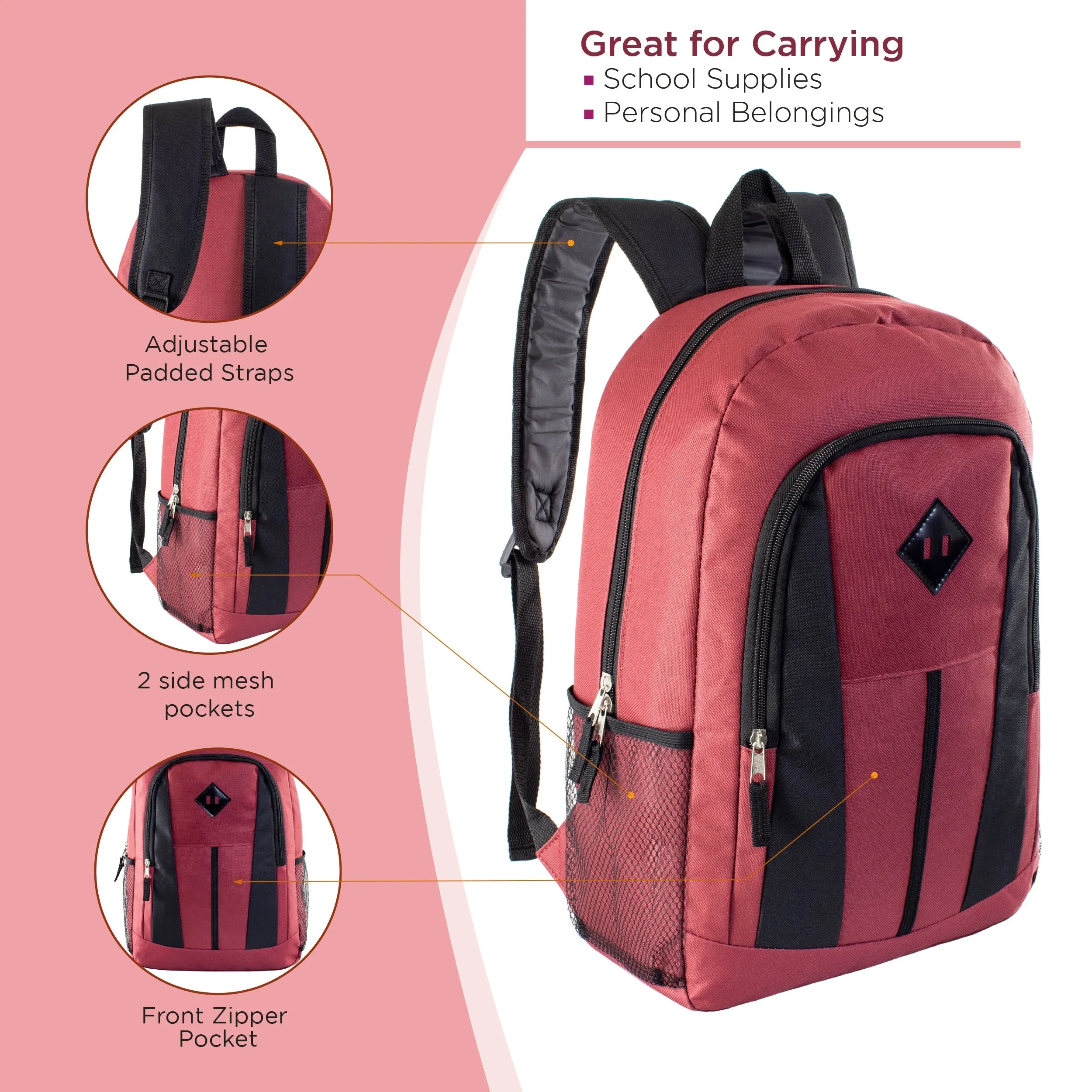12 Wholesale 17" Diamond Patch Backpacks 12 Bulk School Supply Kits