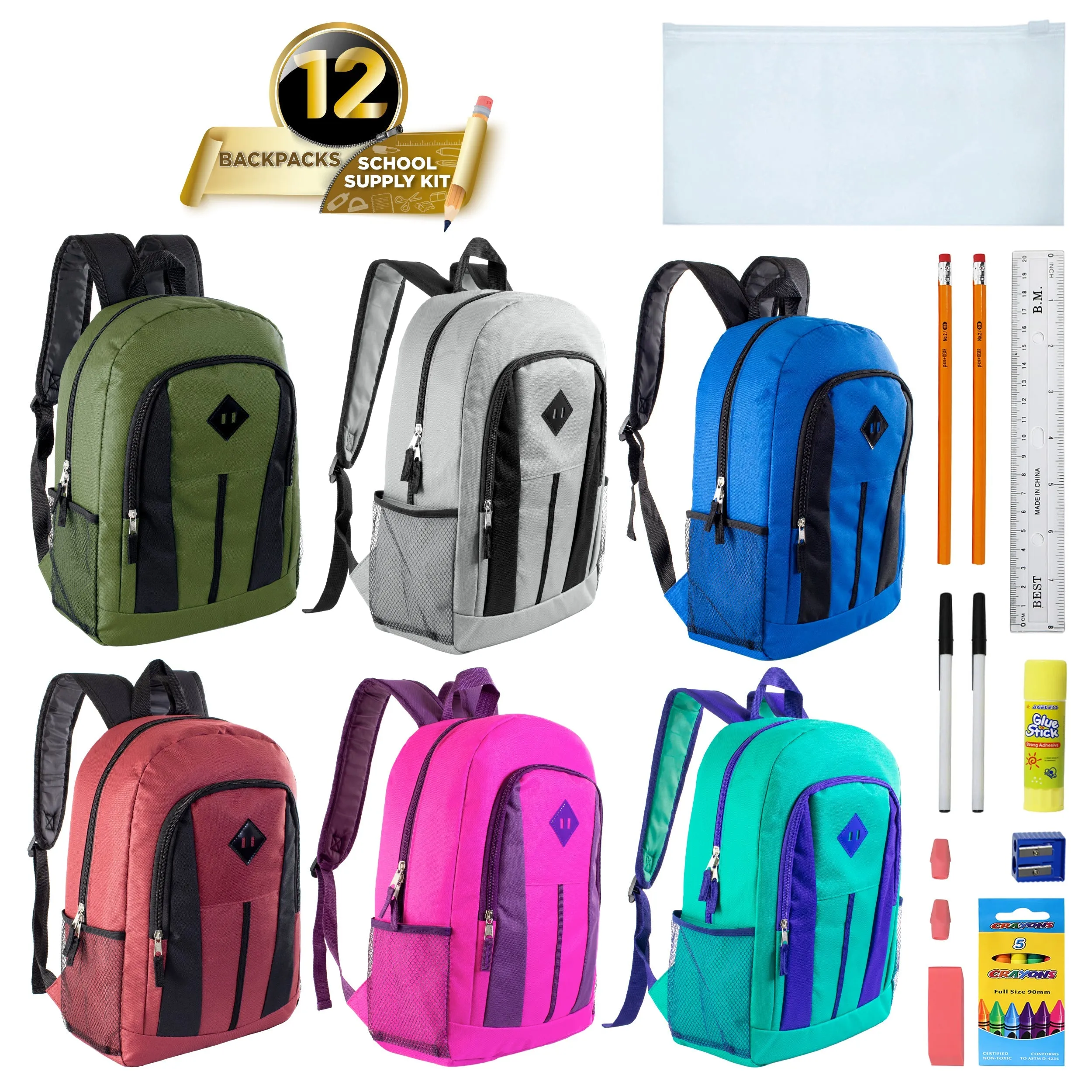 12 Wholesale 17" Diamond Patch Backpacks 12 Bulk School Supply Kits