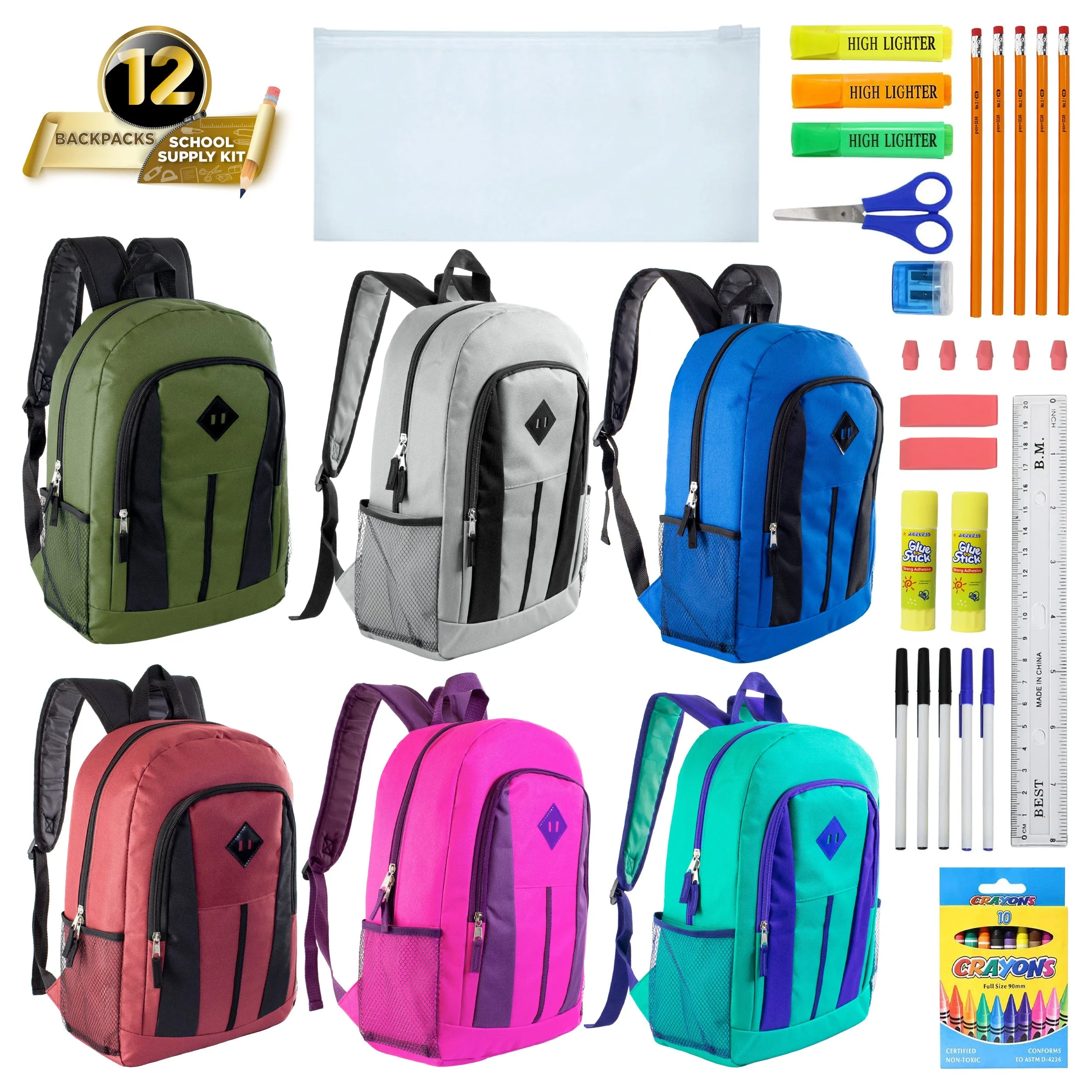 12 Wholesale 17" Diamond Patch Backpacks 12 Bulk School Supply Kits
