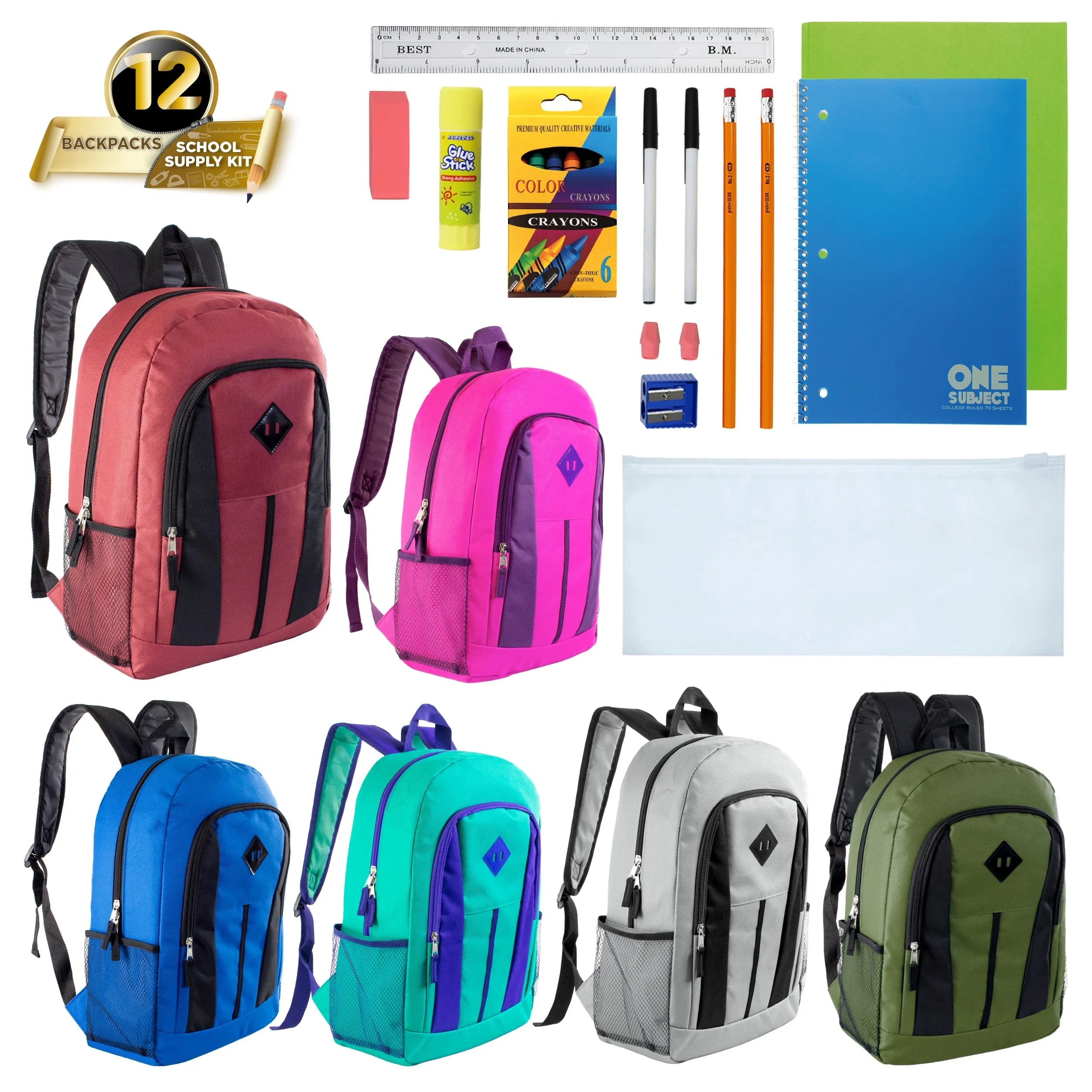 12 Wholesale 17" Diamond Patch Backpacks 12 Bulk School Supply Kits