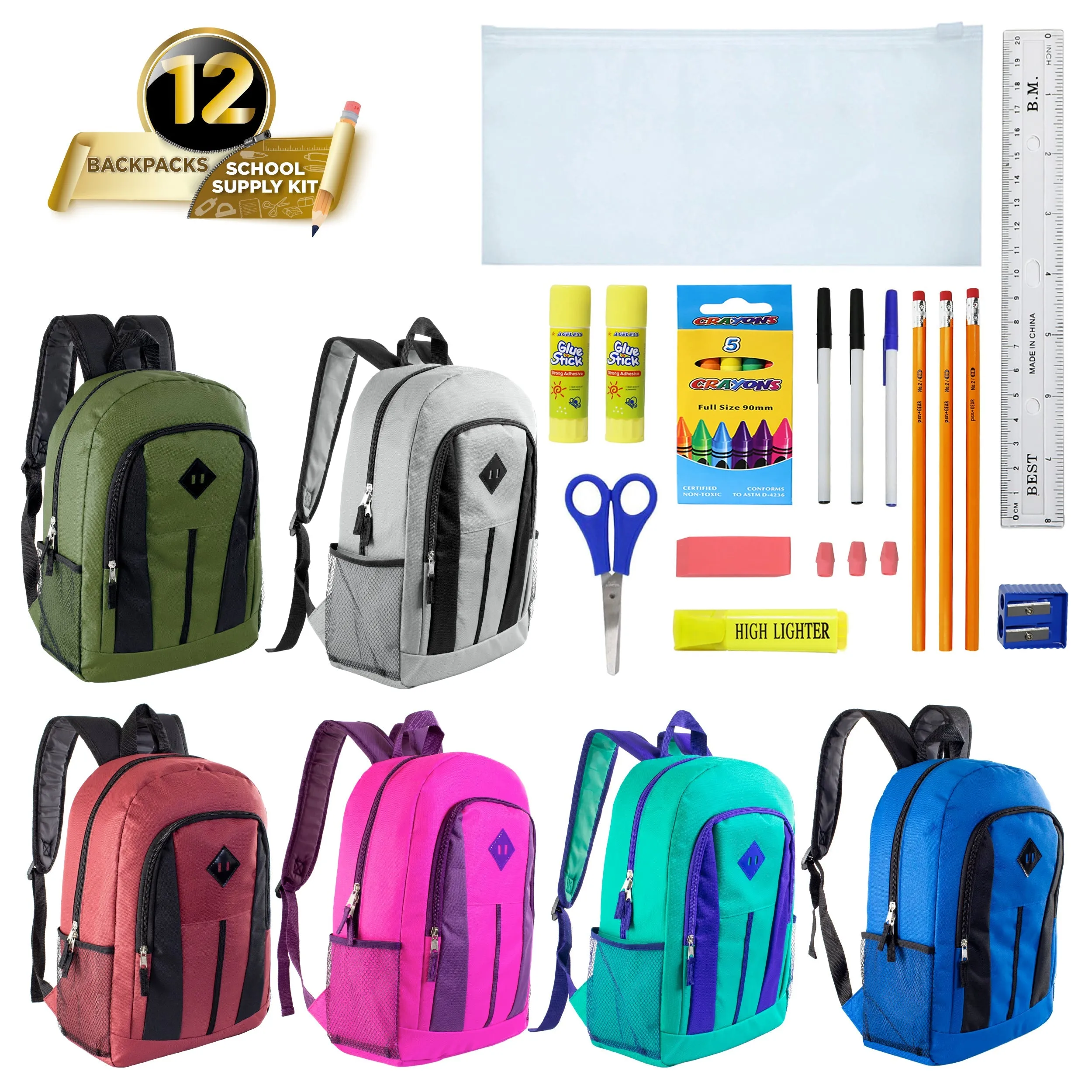 12 Wholesale 17" Diamond Patch Backpacks 12 Bulk School Supply Kits