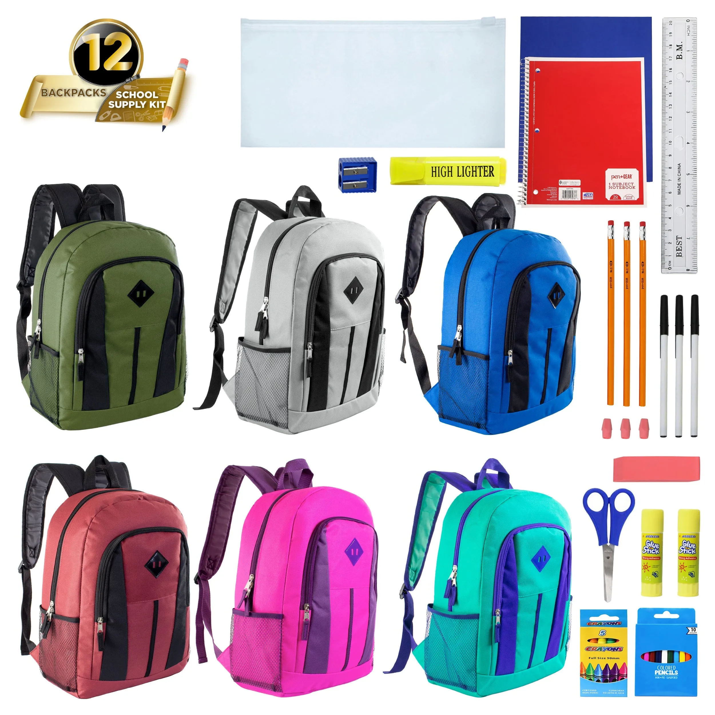 12 Wholesale 17" Diamond Patch Backpacks 12 Bulk School Supply Kits