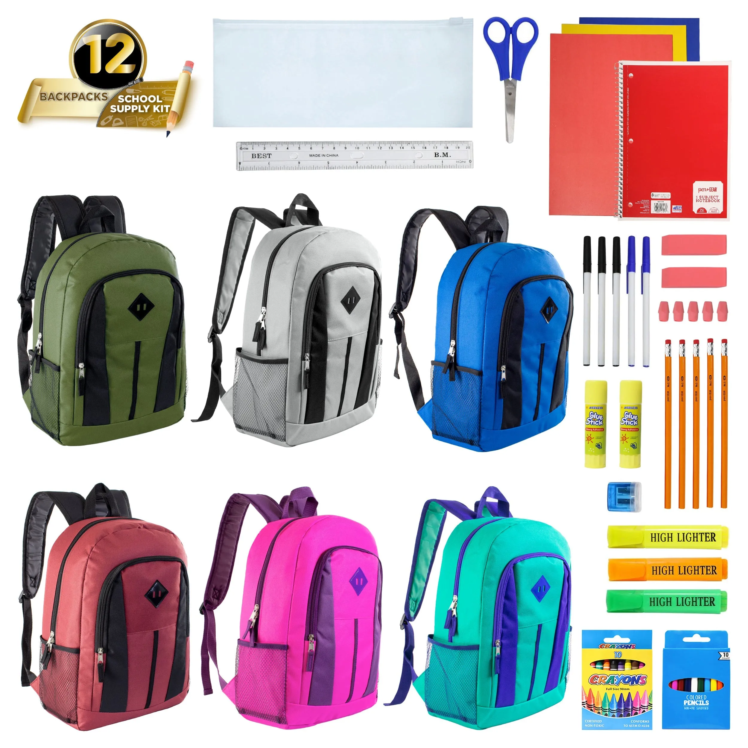 12 Wholesale 17" Diamond Patch Backpacks 12 Bulk School Supply Kits