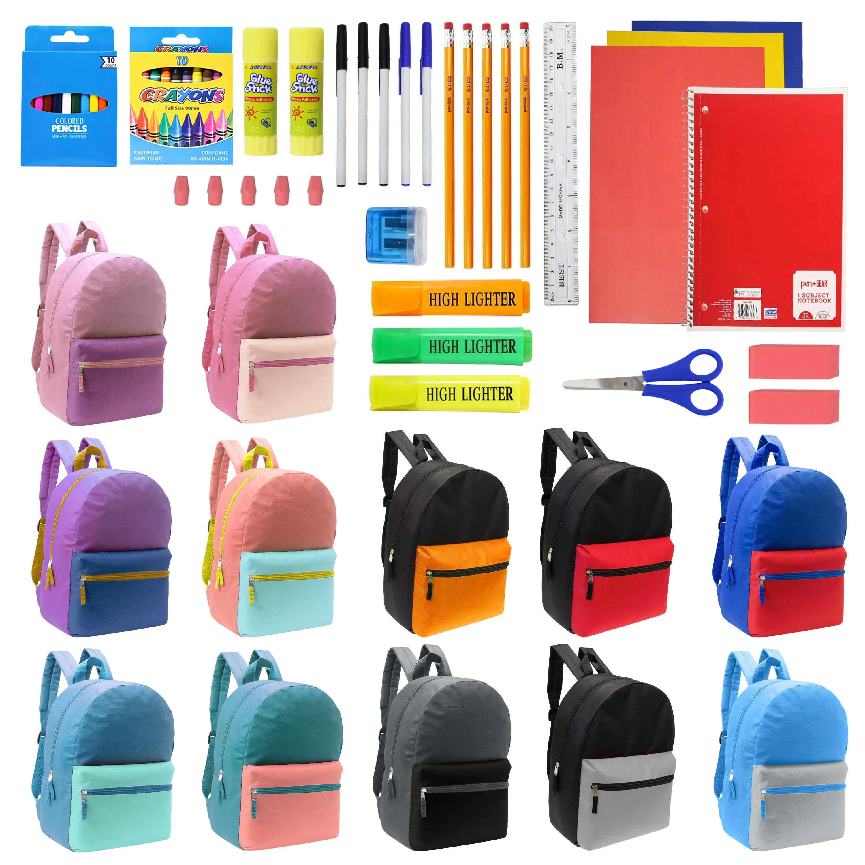 12 Wholesale 17" Two Tone Backpacks in 12 Assorted Colors & 12 Bulk School Supply Kits