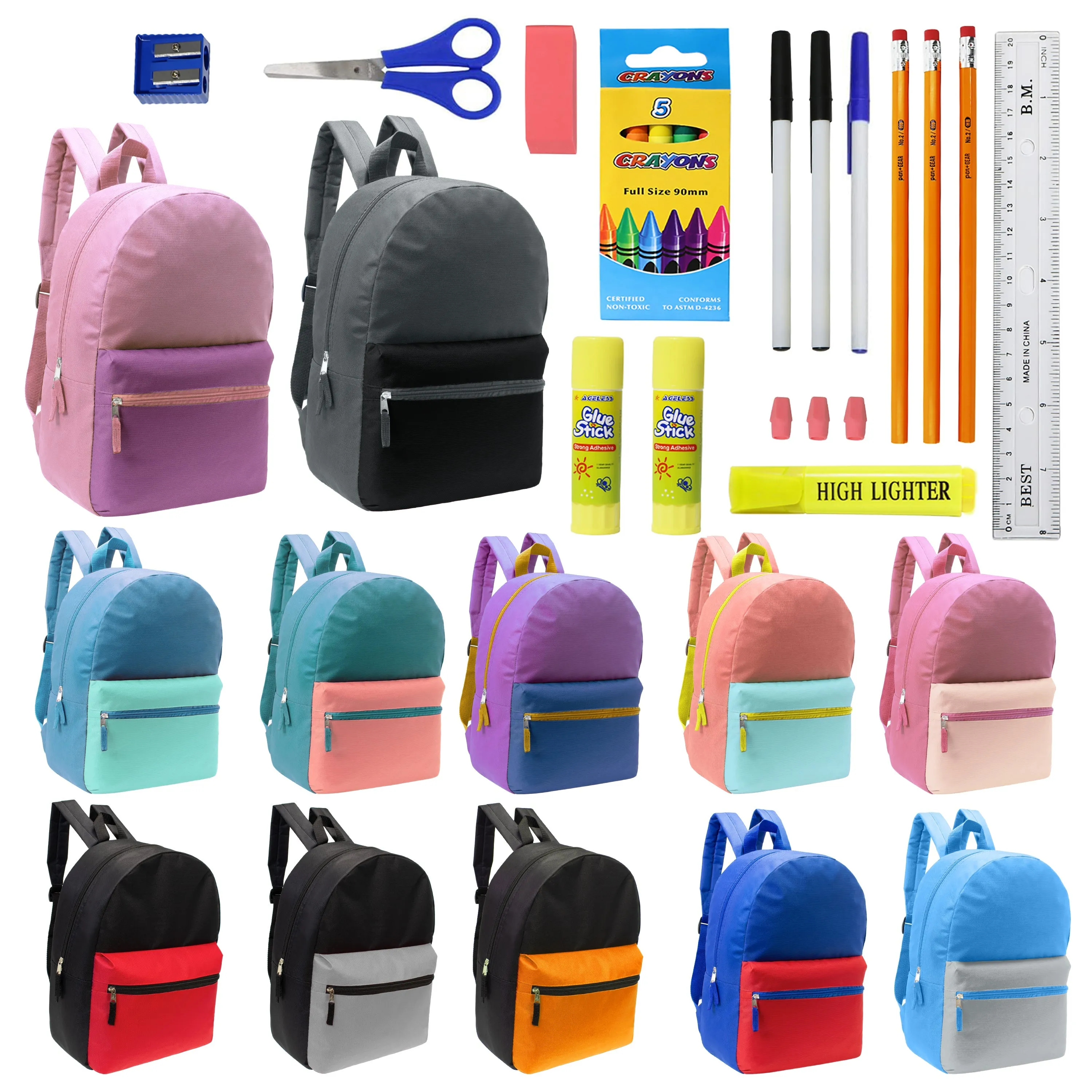 12 Wholesale 17" Two Tone Backpacks in 12 Assorted Colors & 12 Bulk School Supply Kits