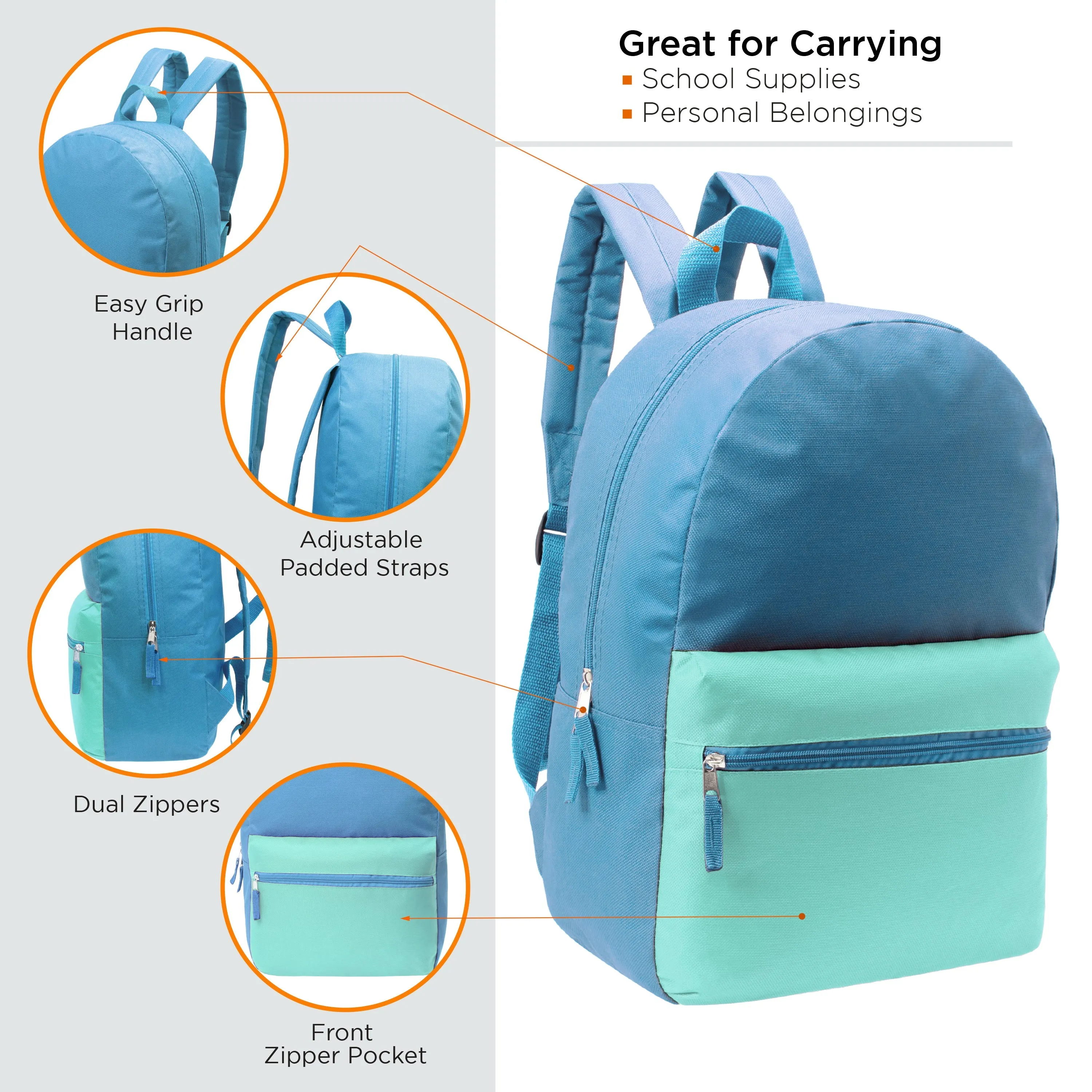 12 Wholesale 17" Two Tone Backpacks in 12 Assorted Colors & 12 Bulk School Supply Kits