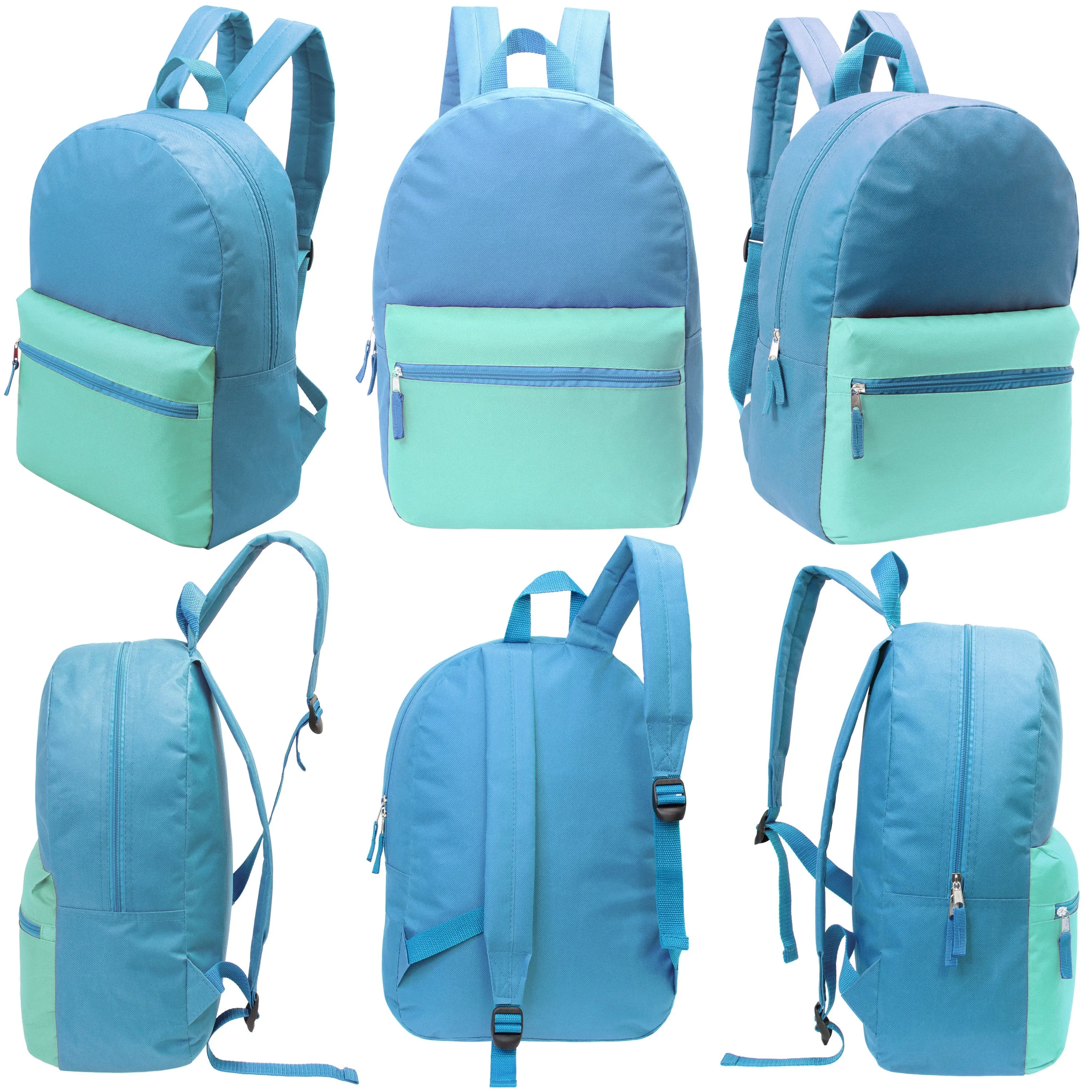 12 Wholesale 17" Two Tone Backpacks in 12 Assorted Colors & 12 Bulk School Supply Kits