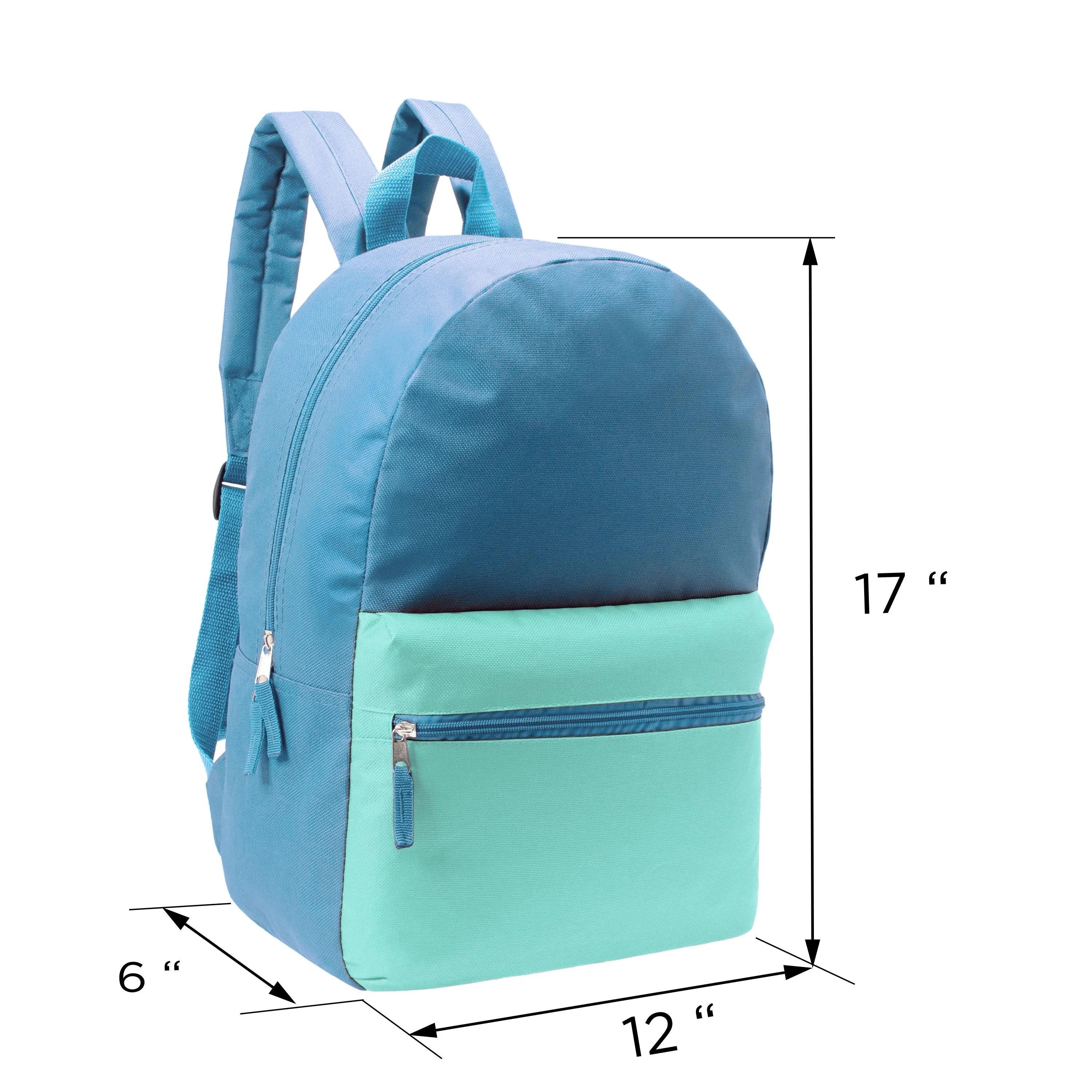 12 Wholesale 17" Two Tone Backpacks in 12 Assorted Colors & 12 Bulk School Supply Kits