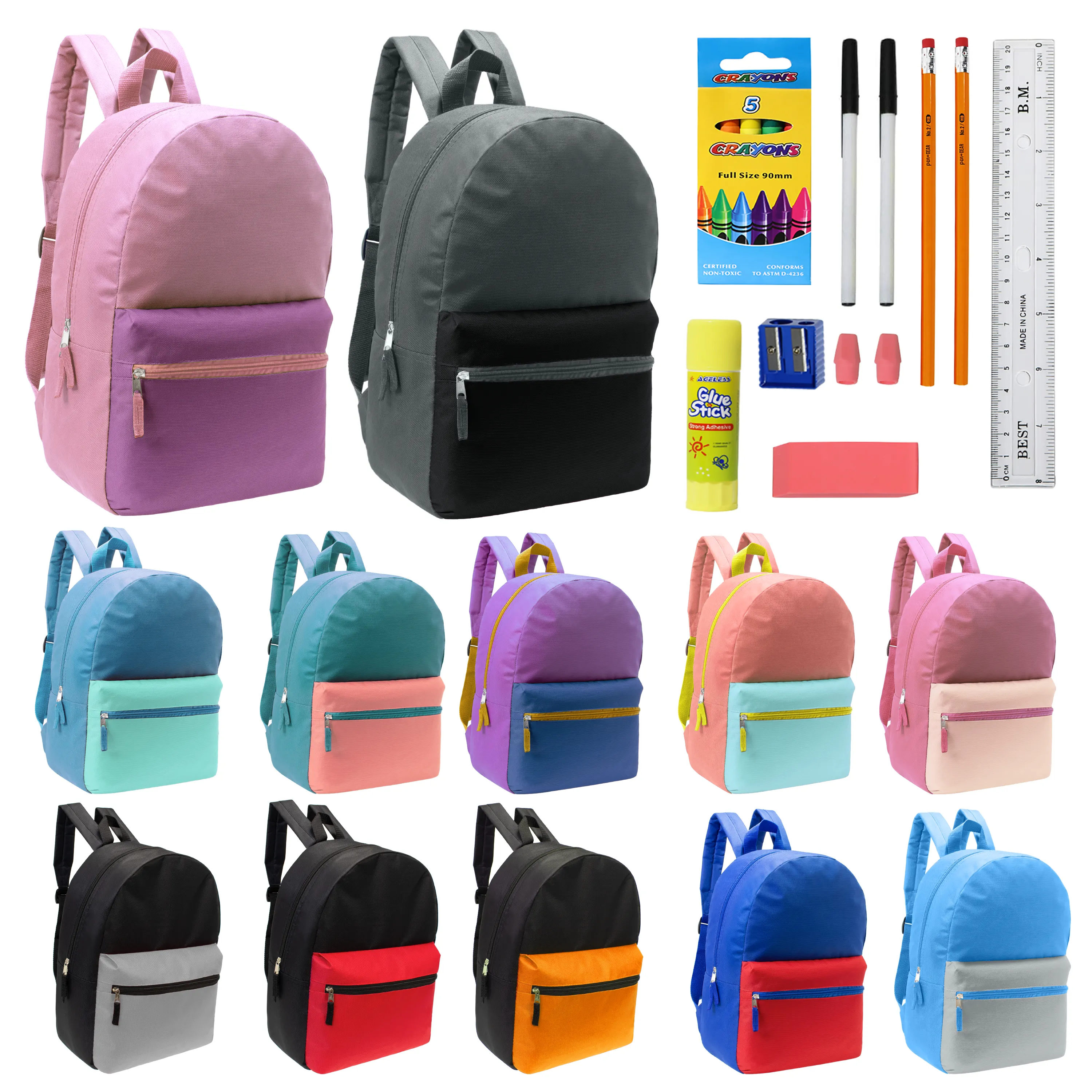 12 Wholesale 17" Two Tone Backpacks in 12 Assorted Colors & 12 Bulk School Supply Kits