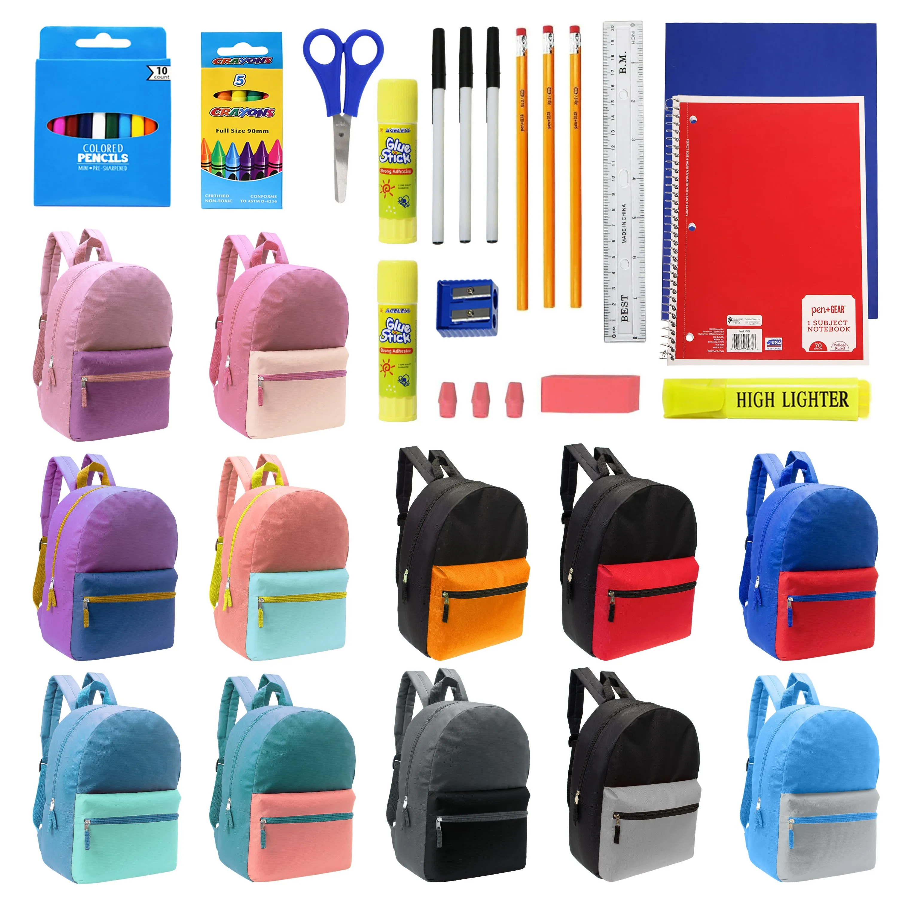 12 Wholesale 17" Two Tone Backpacks in 12 Assorted Colors & 12 Bulk School Supply Kits