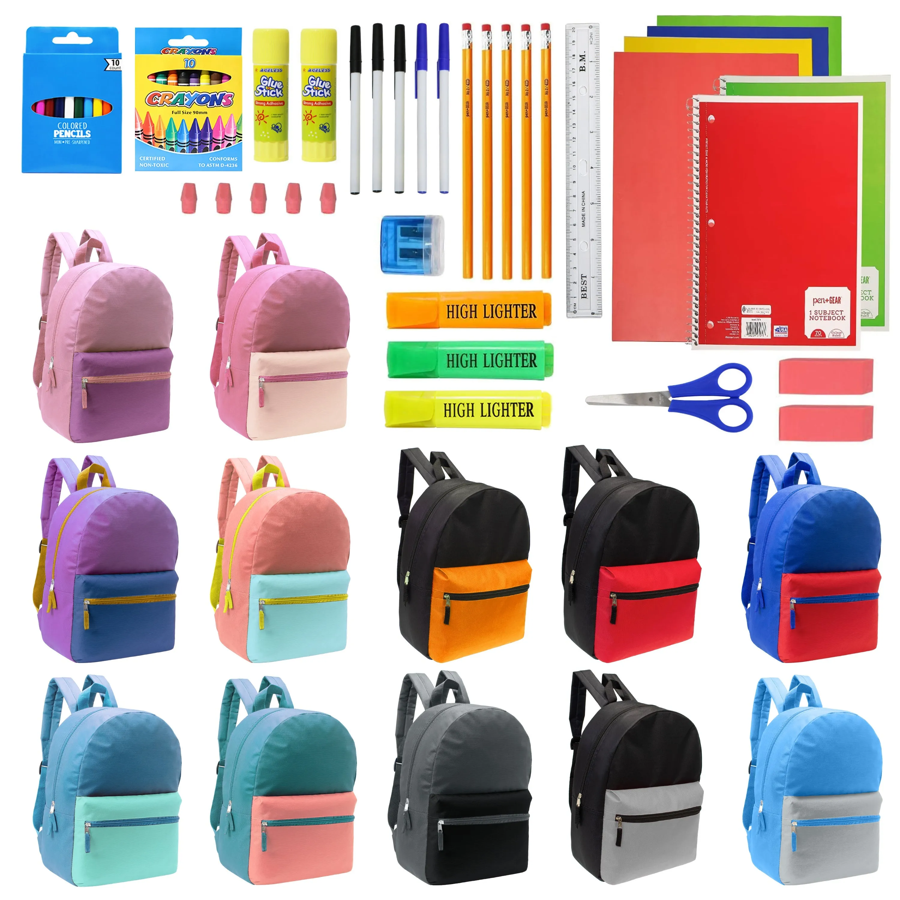 12 Wholesale 17" Two Tone Backpacks in 12 Assorted Colors & 12 Bulk School Supply Kits