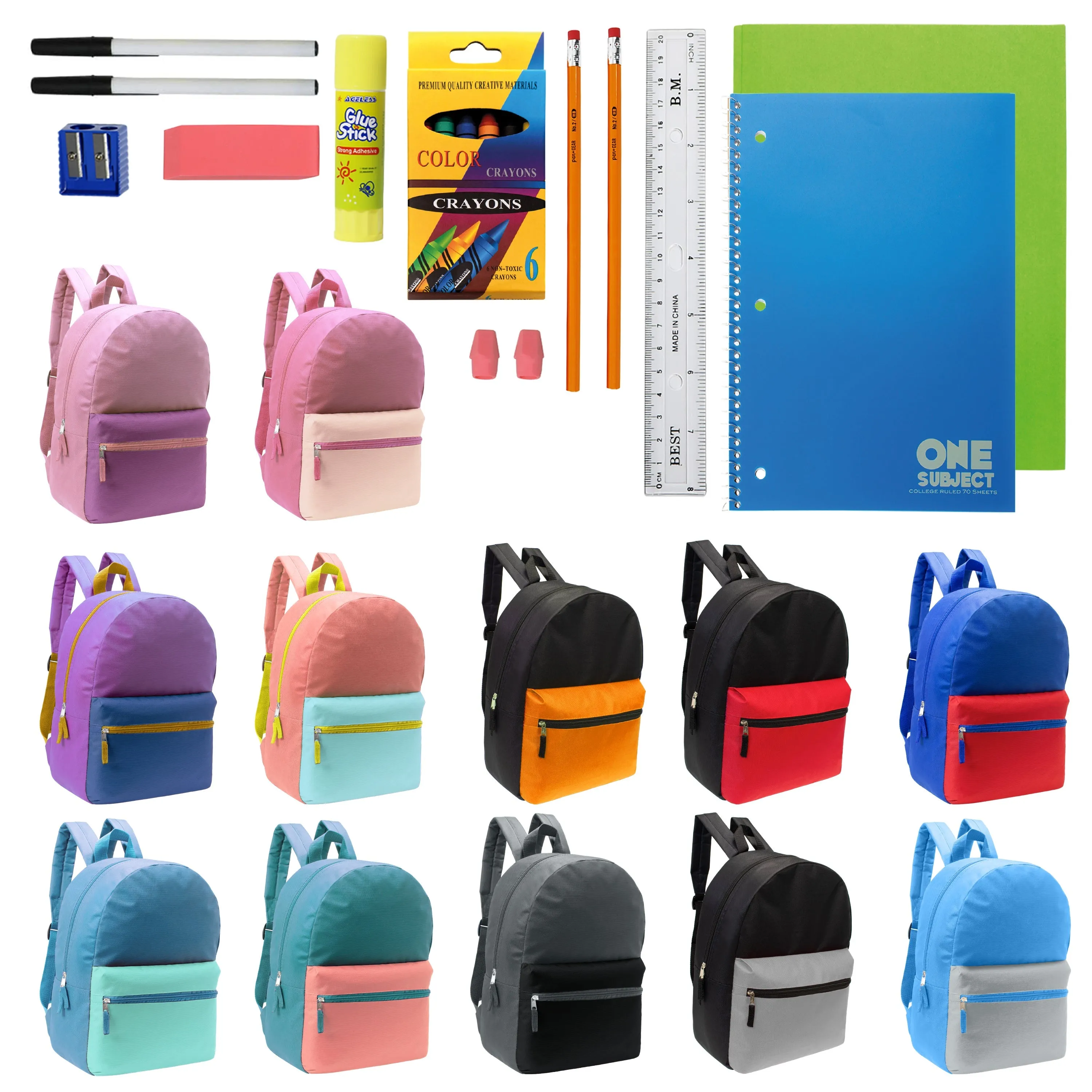 12 Wholesale 17" Two Tone Backpacks in 12 Assorted Colors & 12 Bulk School Supply Kits