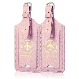 2 Pack Luggage Tags, ACdream Premium PU Leather Case Name Luggage Bag Tags for Travel Bag Suitcase Set with Name ID Labels, Rose Gold