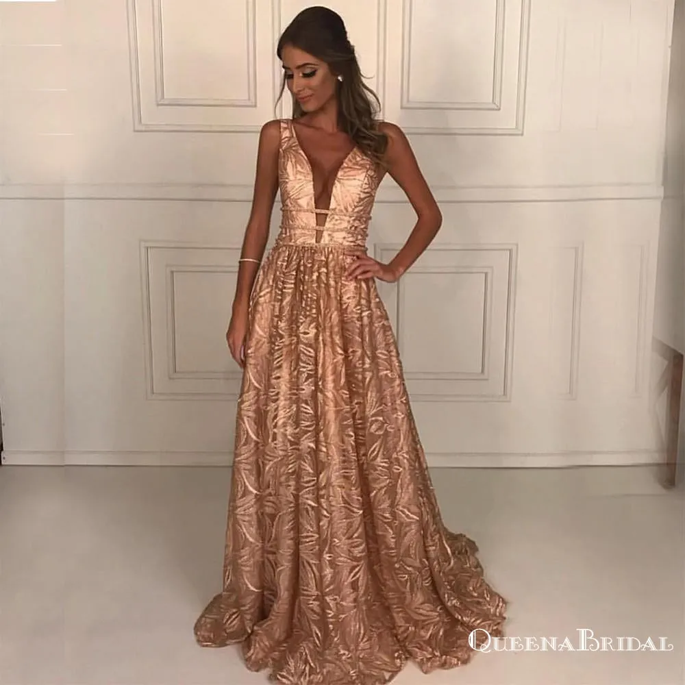A-Line Deep V-Neck Long Cheap Champagne Lace Prom Dresses with Beading, QB0681
