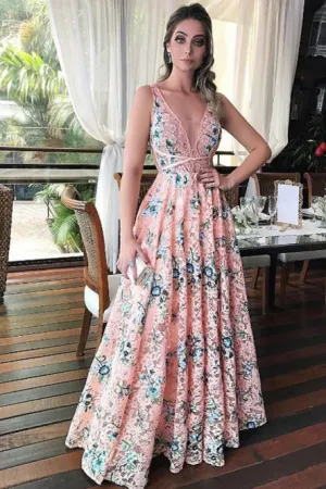 A-Line Scoop Sleeveless Floor-Length Pink Floral Lace Prom Dress OHC094