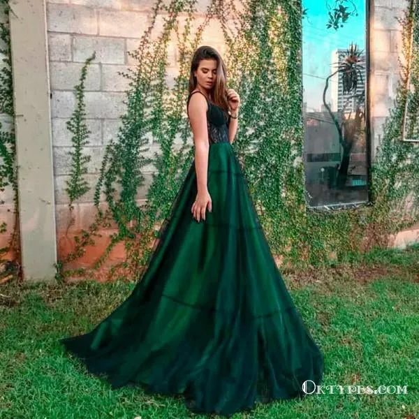 A-Line Spaghetti Straps Dark Green Long Prom Dresses with Lace, TYP1655