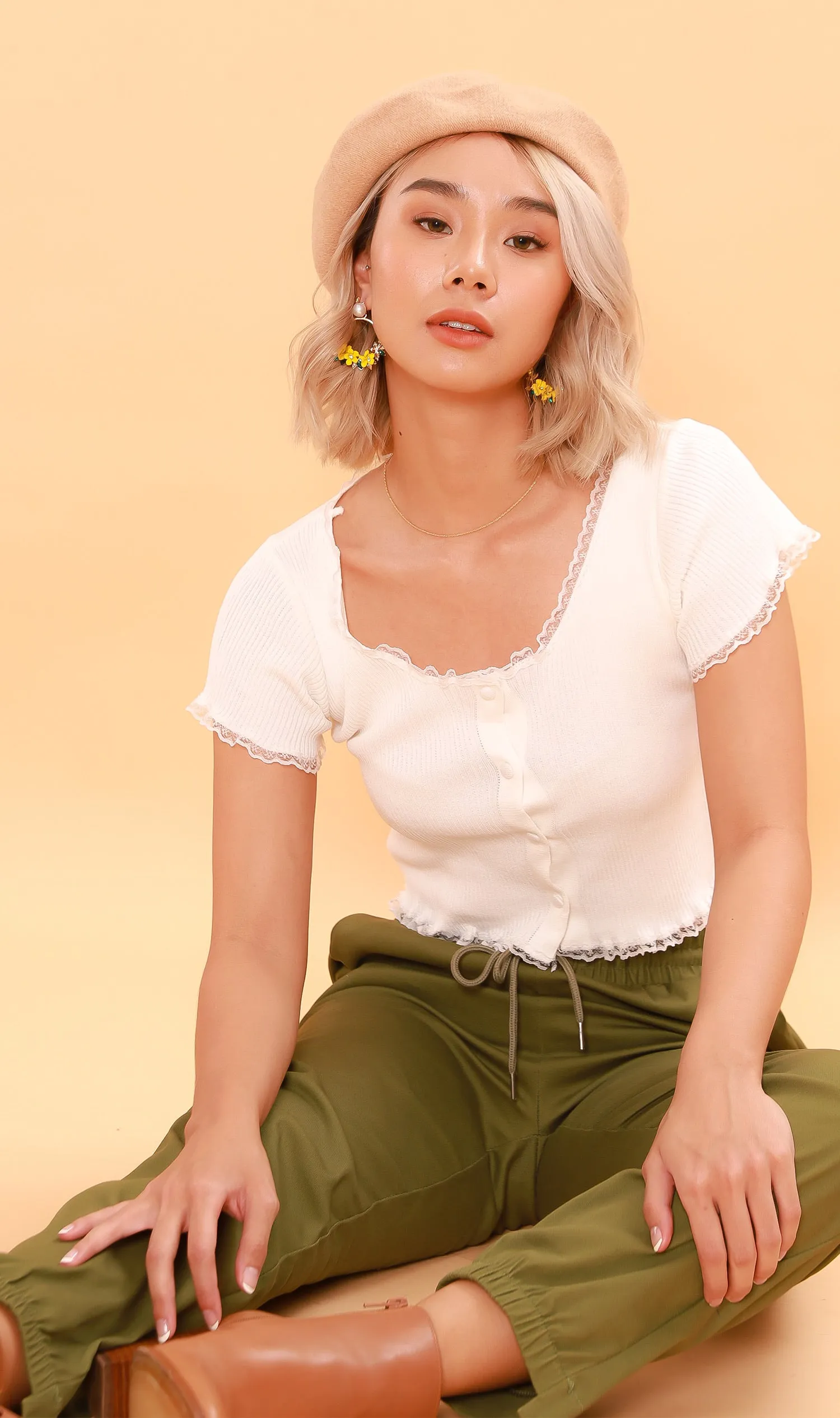 ABBY Lace-Trimmed Knit Crop Top (White)