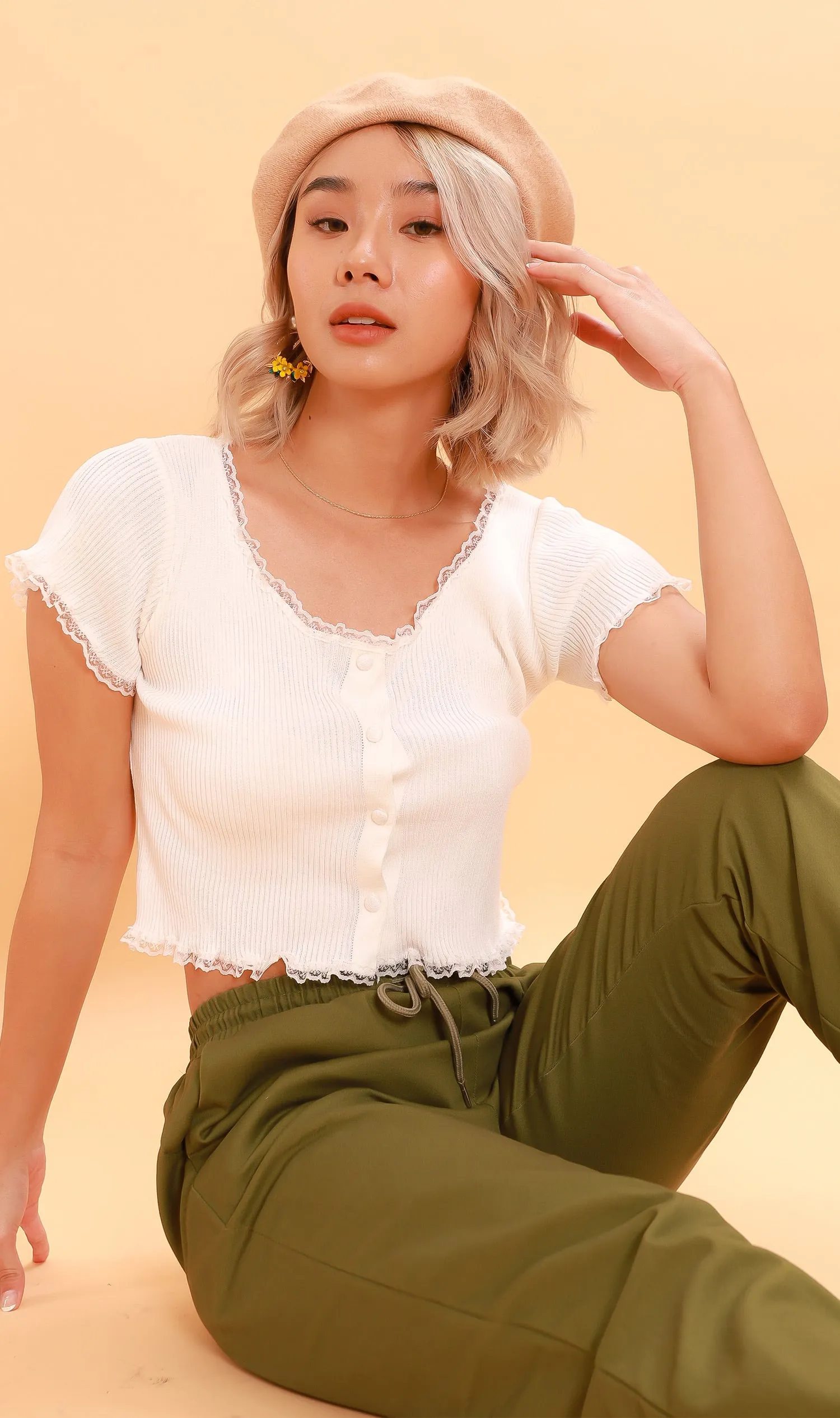 ABBY Lace-Trimmed Knit Crop Top (White)