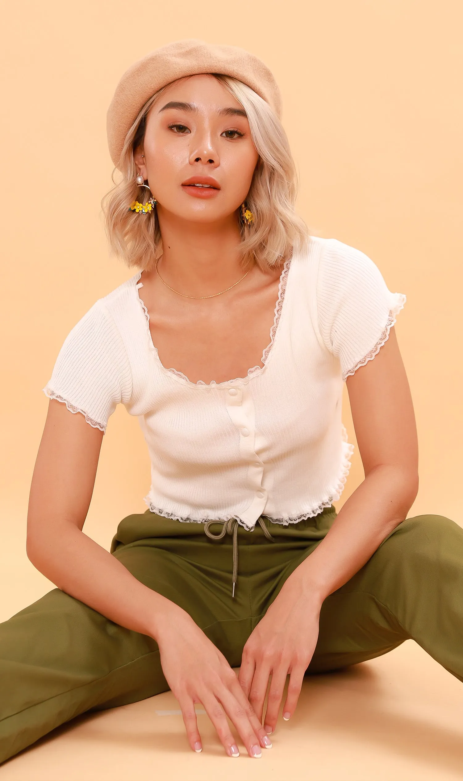 ABBY Lace-Trimmed Knit Crop Top (White)