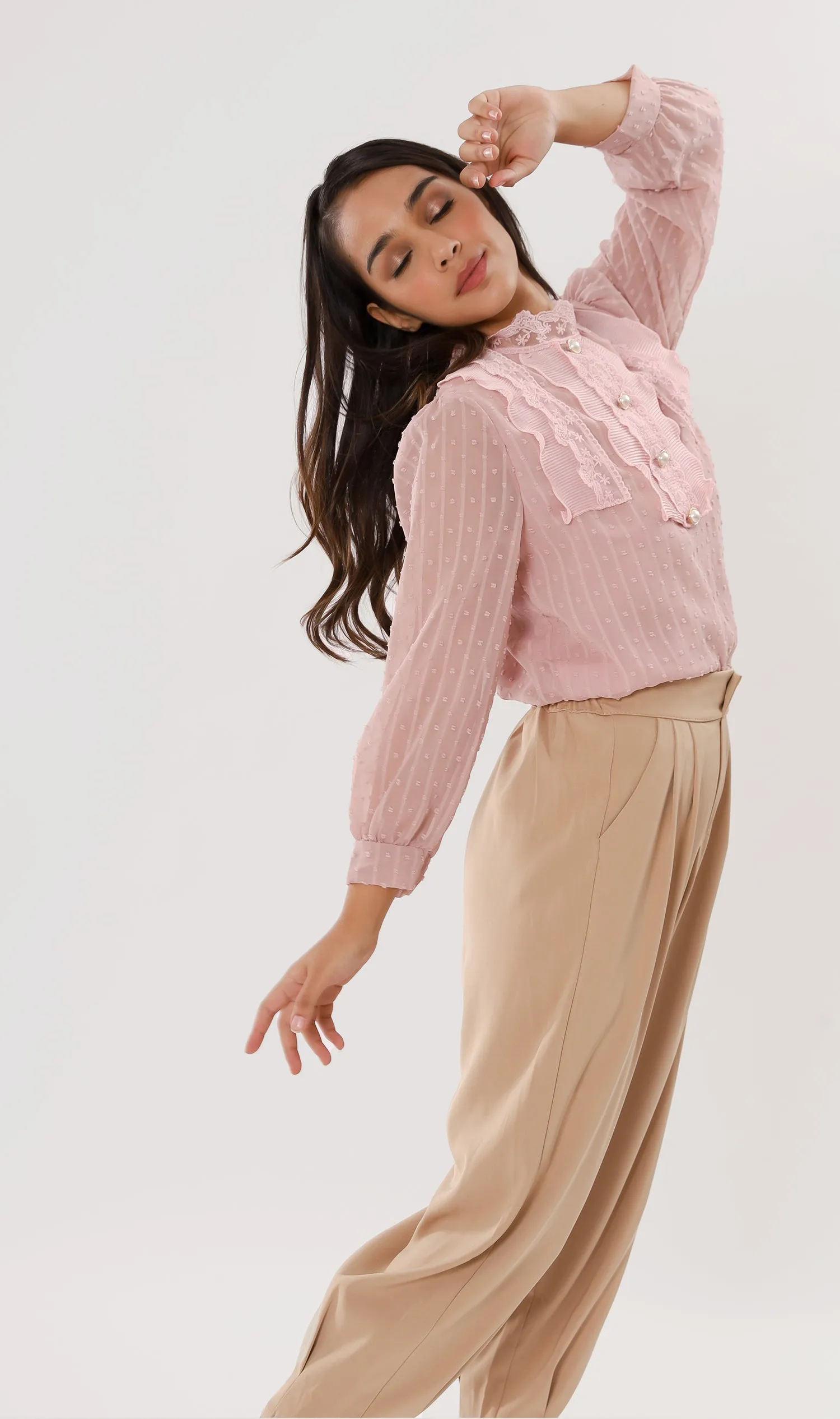 ALORA Lace-Trimmed Long-Sleeve Top (Blush)