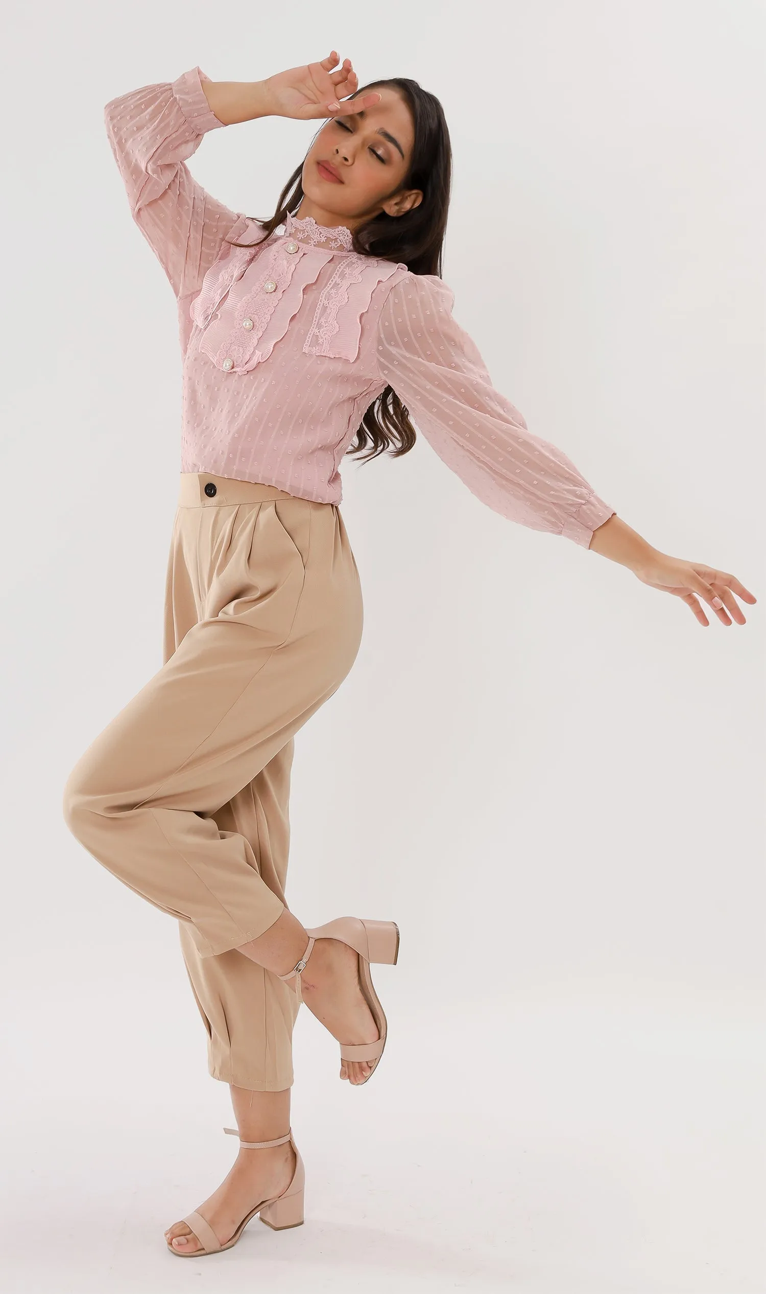 ALORA Lace-Trimmed Long-Sleeve Top (Blush)