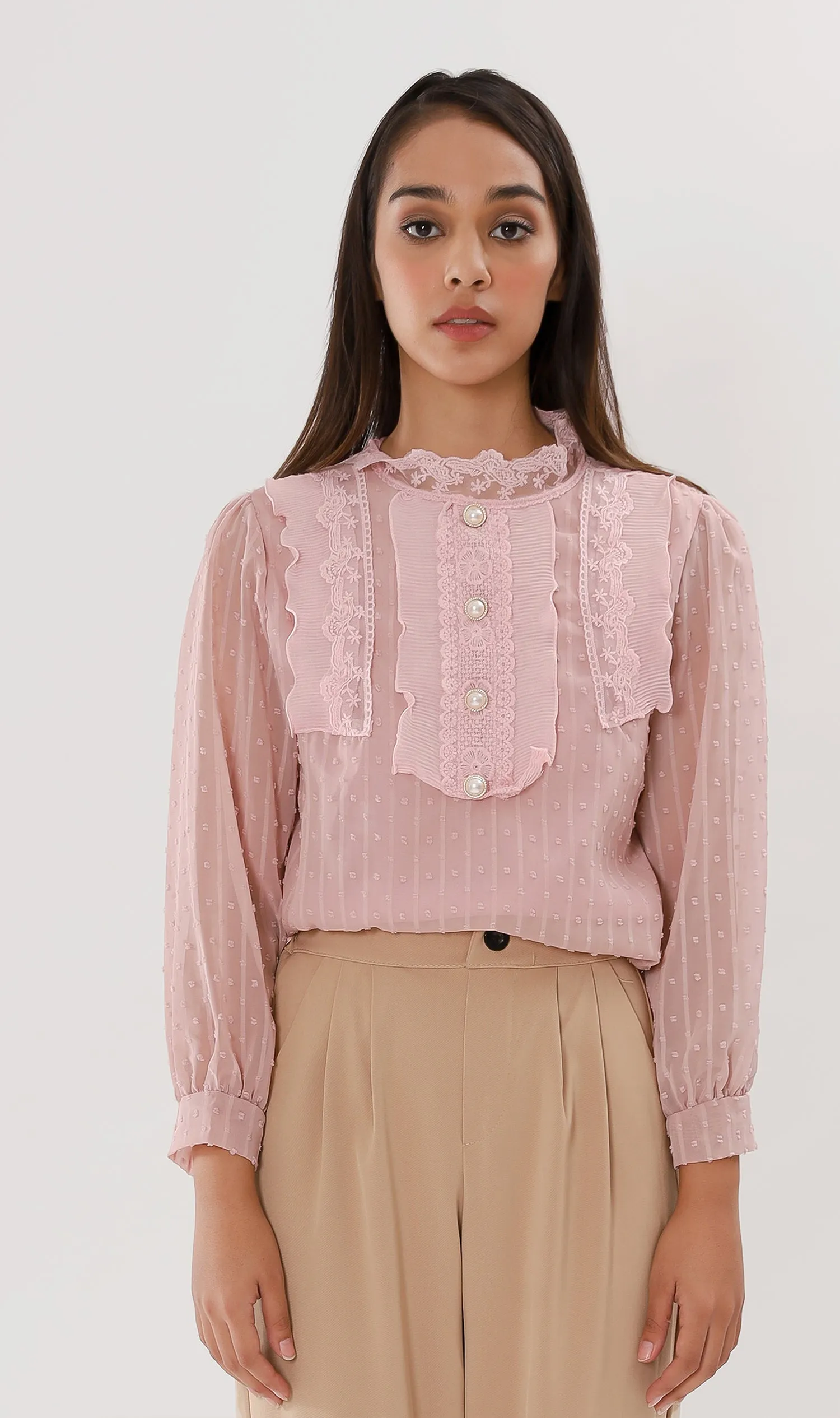 ALORA Lace-Trimmed Long-Sleeve Top (Blush)