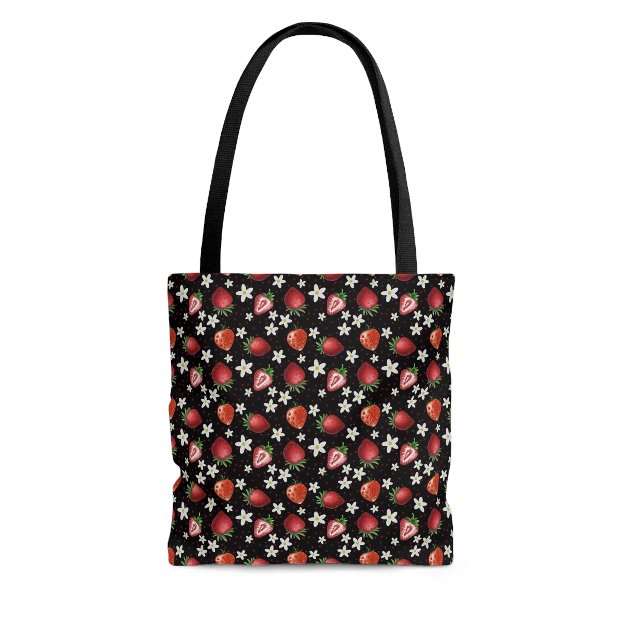 Black Red Strawberries Tote Bag, Polyester Canvas Tote Bag, Kawaii Fruit Shopping Bag, Reusable Tote