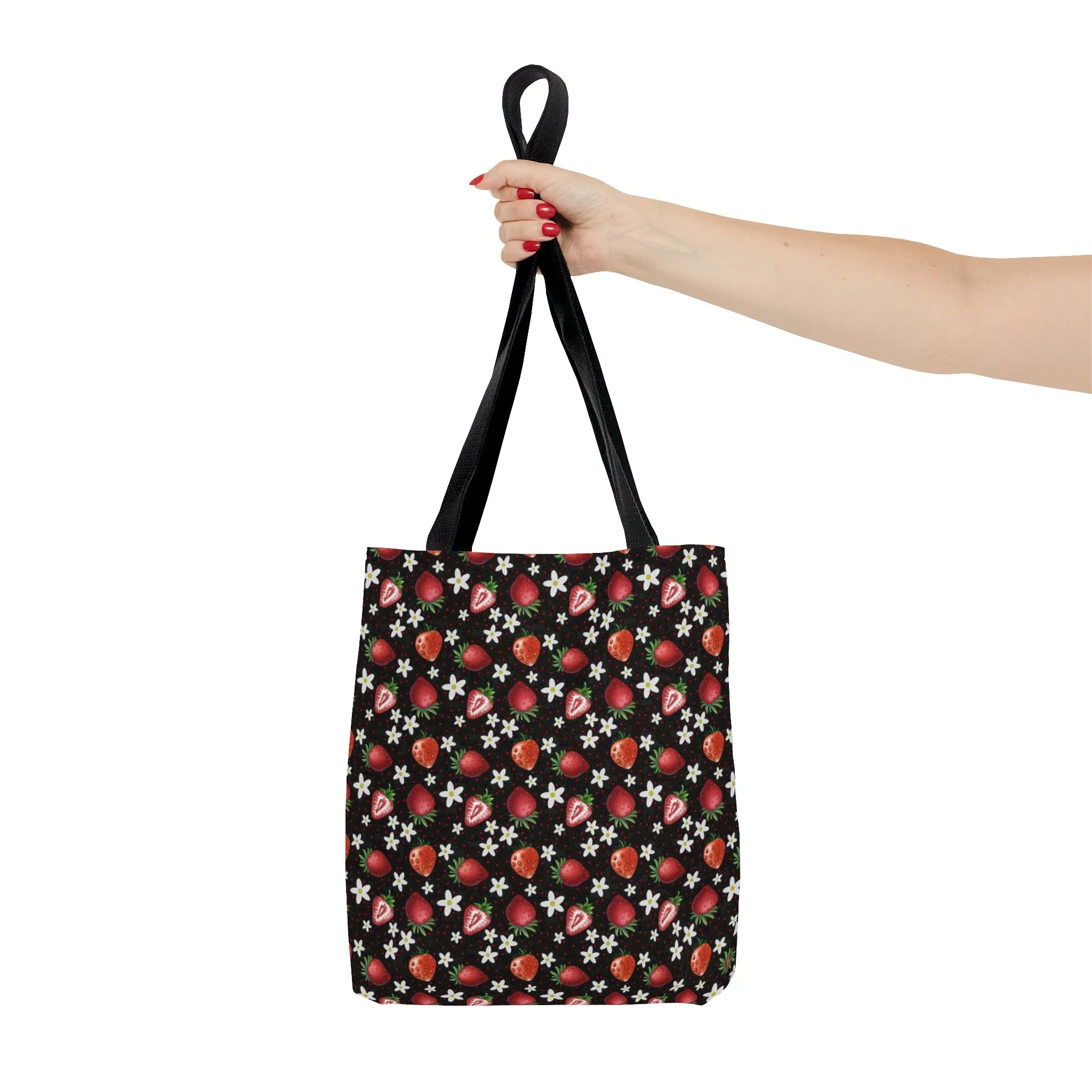 Black Red Strawberries Tote Bag, Polyester Canvas Tote Bag, Kawaii Fruit Shopping Bag, Reusable Tote
