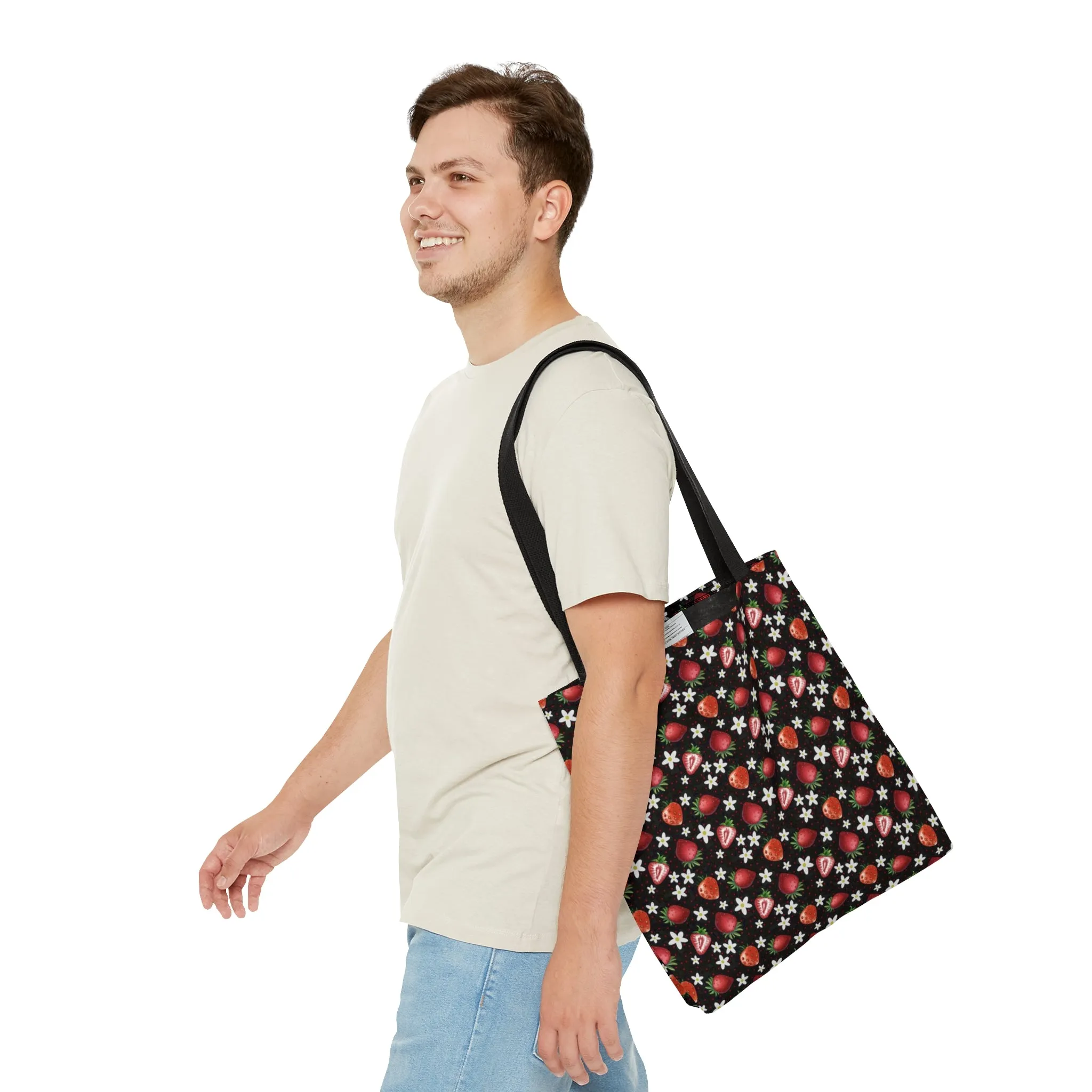 Black Red Strawberries Tote Bag, Polyester Canvas Tote Bag, Kawaii Fruit Shopping Bag, Reusable Tote