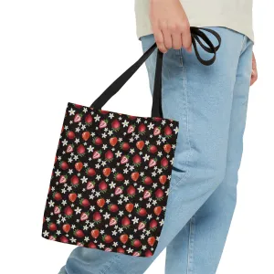 Black Red Strawberries Tote Bag, Polyester Canvas Tote Bag, Kawaii Fruit Shopping Bag, Reusable Tote