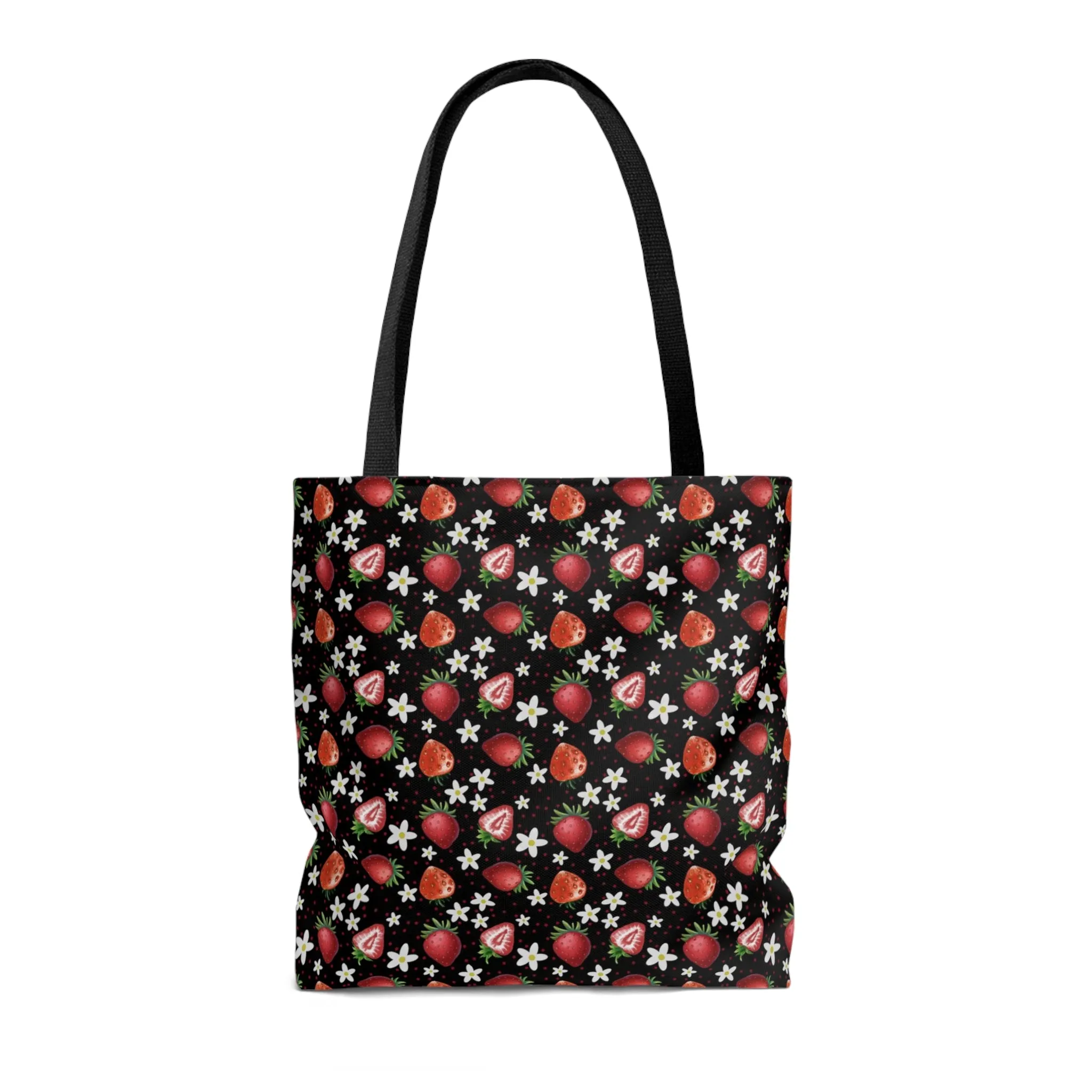 Black Red Strawberries Tote Bag, Polyester Canvas Tote Bag, Kawaii Fruit Shopping Bag, Reusable Tote