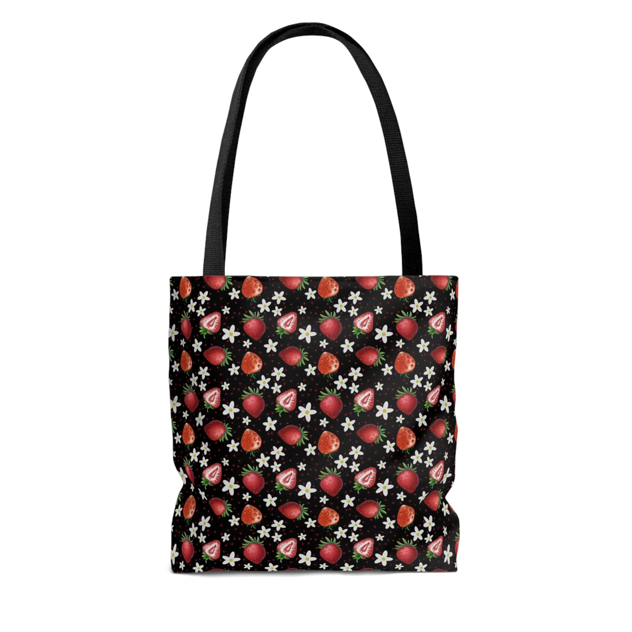 Black Red Strawberries Tote Bag, Polyester Canvas Tote Bag, Kawaii Fruit Shopping Bag, Reusable Tote