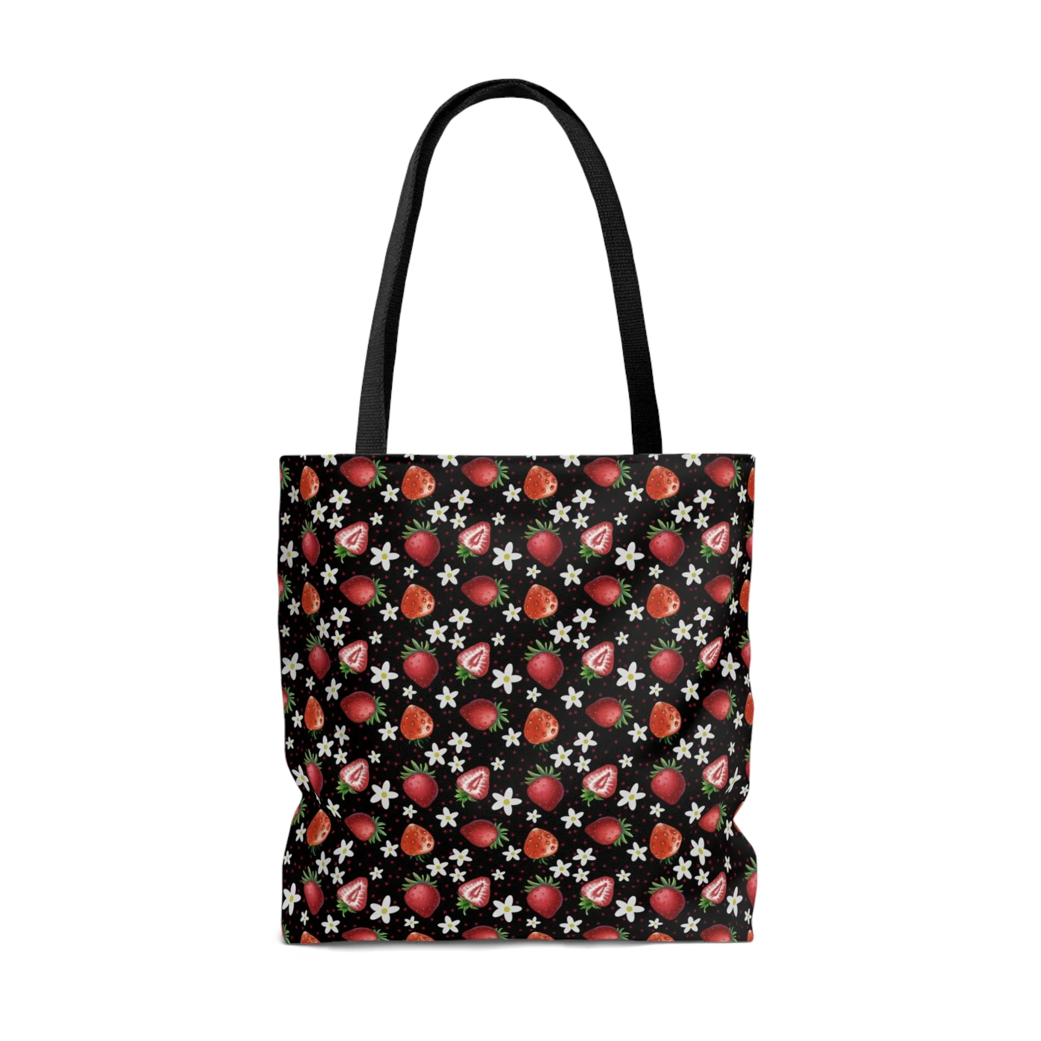 Black Red Strawberries Tote Bag, Polyester Canvas Tote Bag, Kawaii Fruit Shopping Bag, Reusable Tote