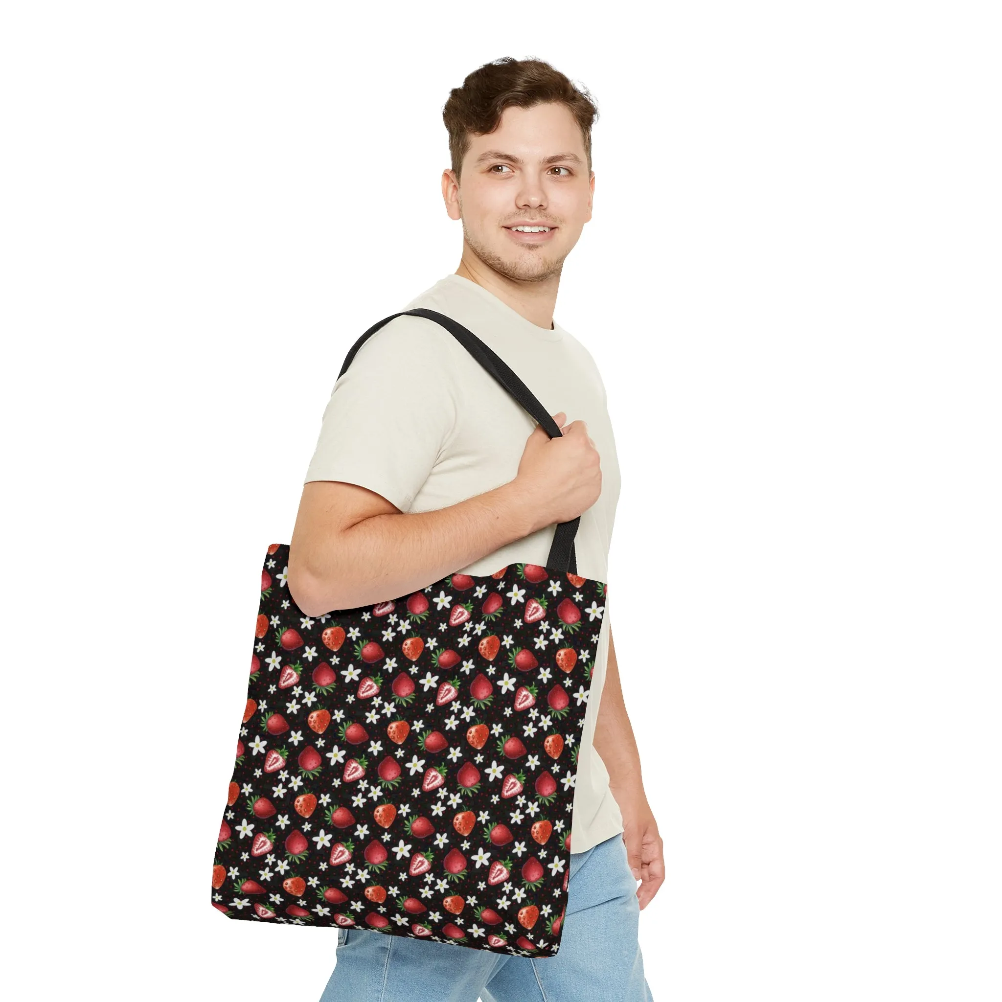 Black Red Strawberries Tote Bag, Polyester Canvas Tote Bag, Kawaii Fruit Shopping Bag, Reusable Tote