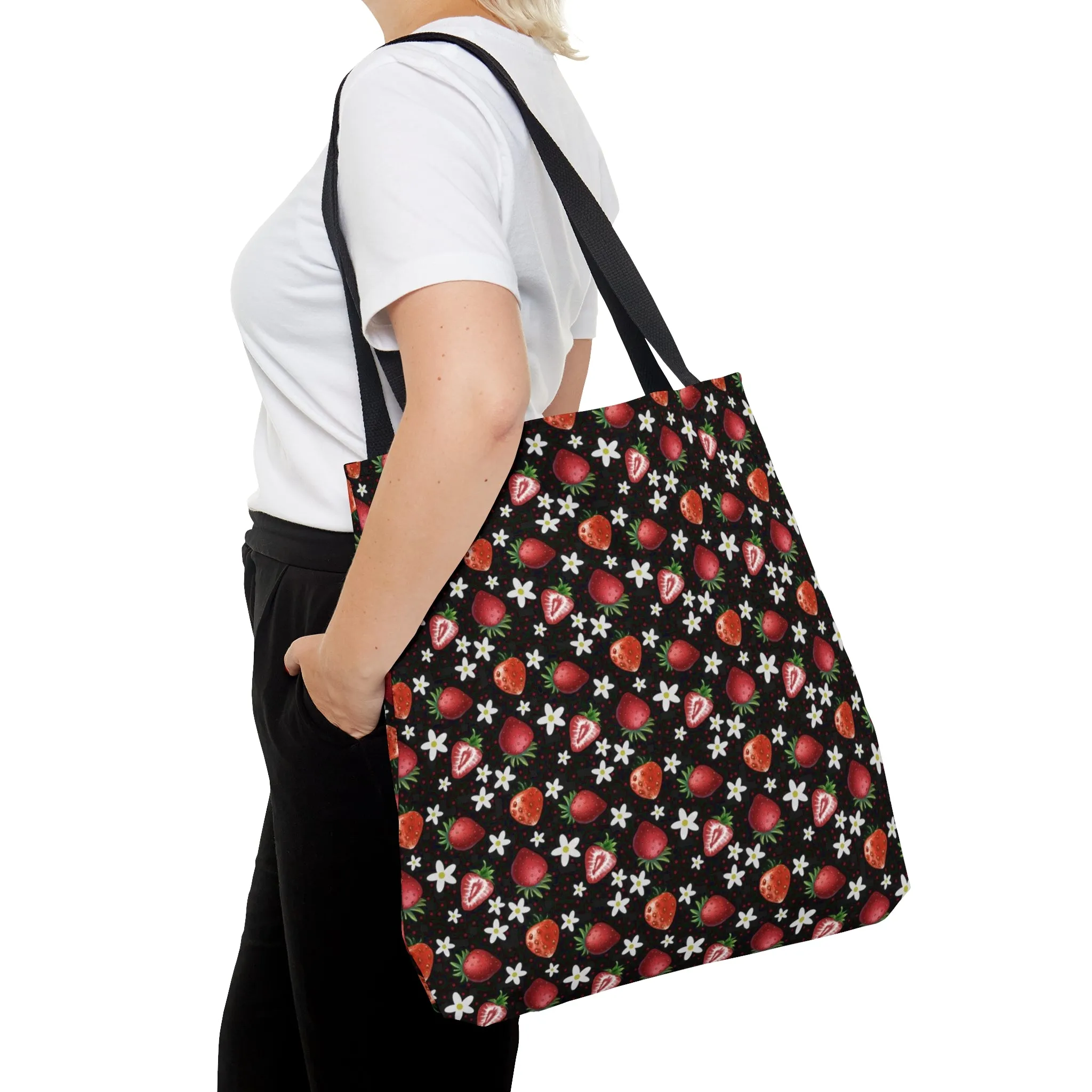 Black Red Strawberries Tote Bag, Polyester Canvas Tote Bag, Kawaii Fruit Shopping Bag, Reusable Tote