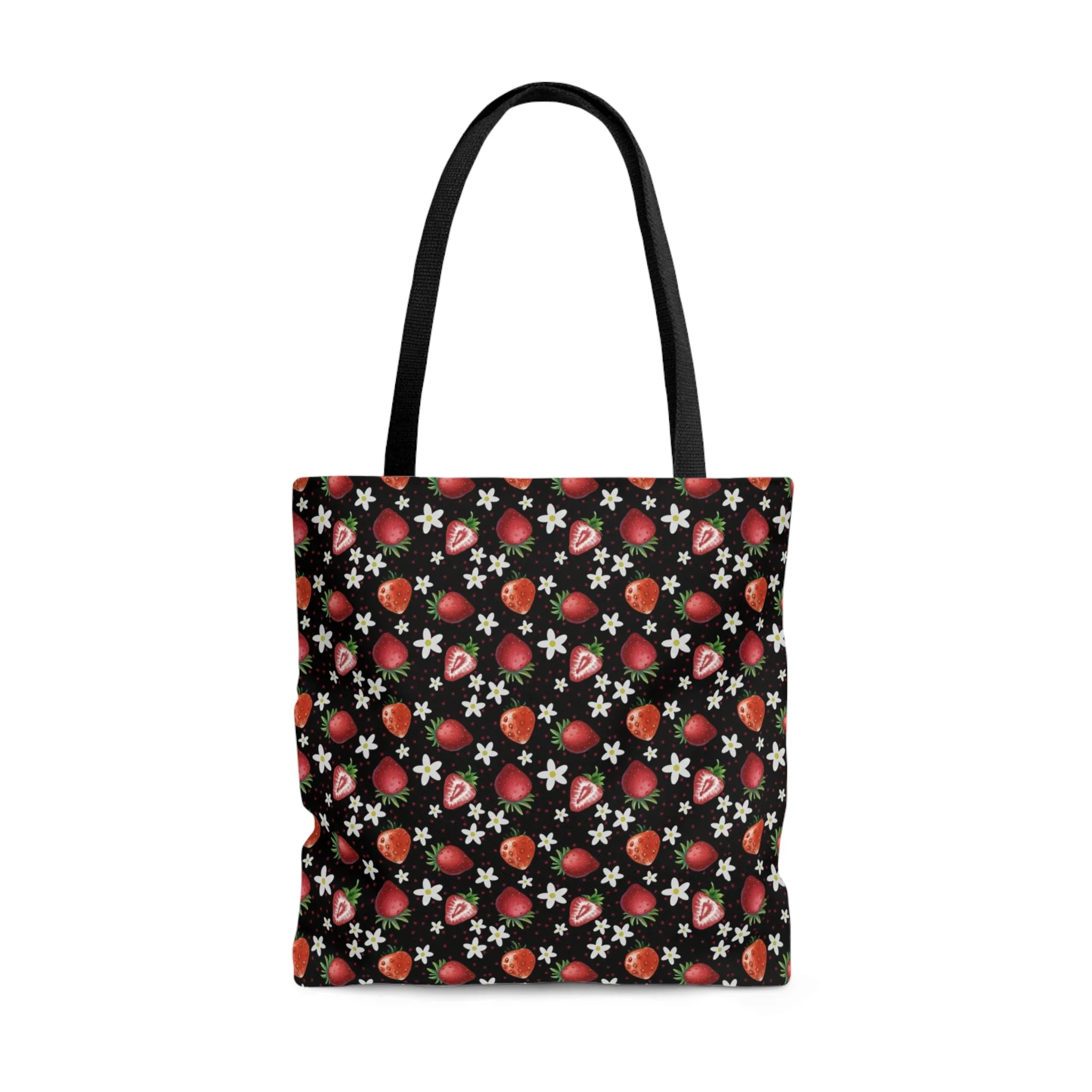 Black Red Strawberries Tote Bag, Polyester Canvas Tote Bag, Kawaii Fruit Shopping Bag, Reusable Tote