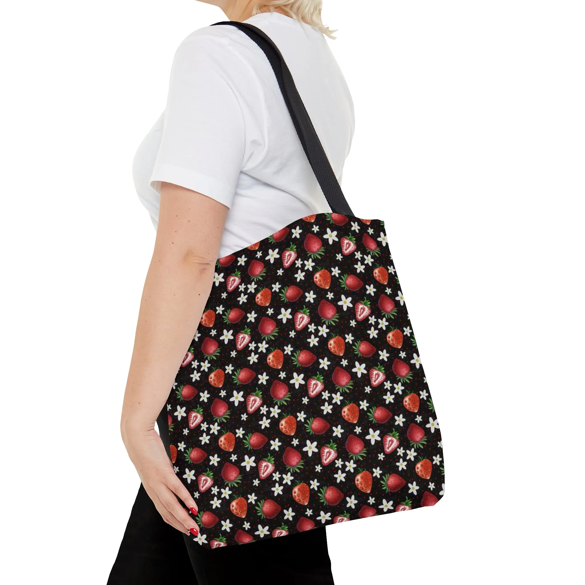 Black Red Strawberries Tote Bag, Polyester Canvas Tote Bag, Kawaii Fruit Shopping Bag, Reusable Tote