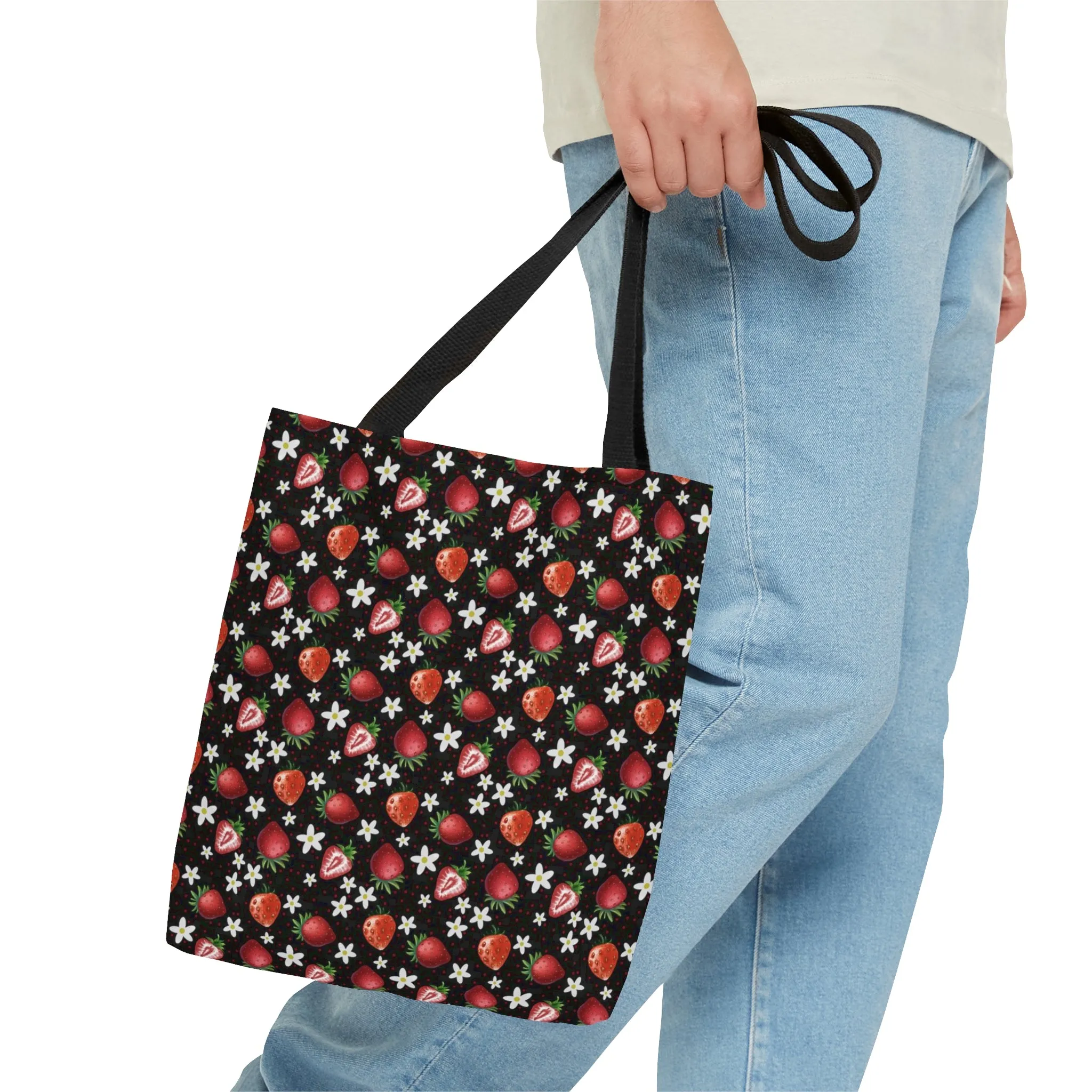 Black Red Strawberries Tote Bag, Polyester Canvas Tote Bag, Kawaii Fruit Shopping Bag, Reusable Tote