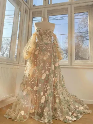 Champagne Aline tulle lace long prom dress lace evening dress