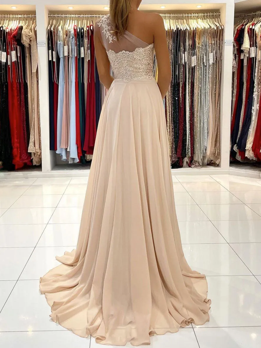 Champagne chiffon lace long prom dress, champagne bridesmaid dress