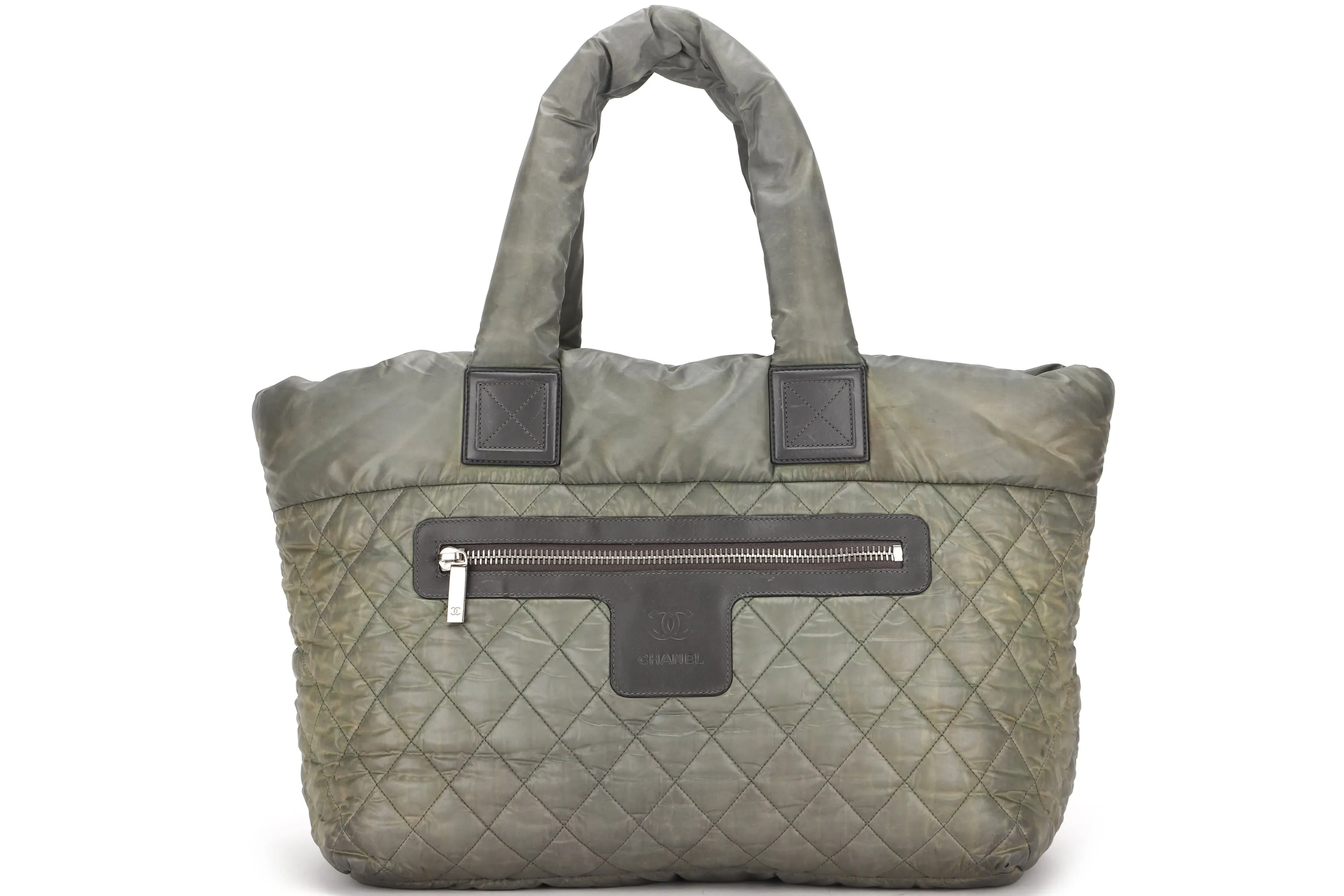 CHANEL COCO COCOON REVERSIBLE TOTE BAG (1358xxxx) ARMY GREEN & GREY NYLON SILVER HARDWARE, NO CARD & DUST COVER