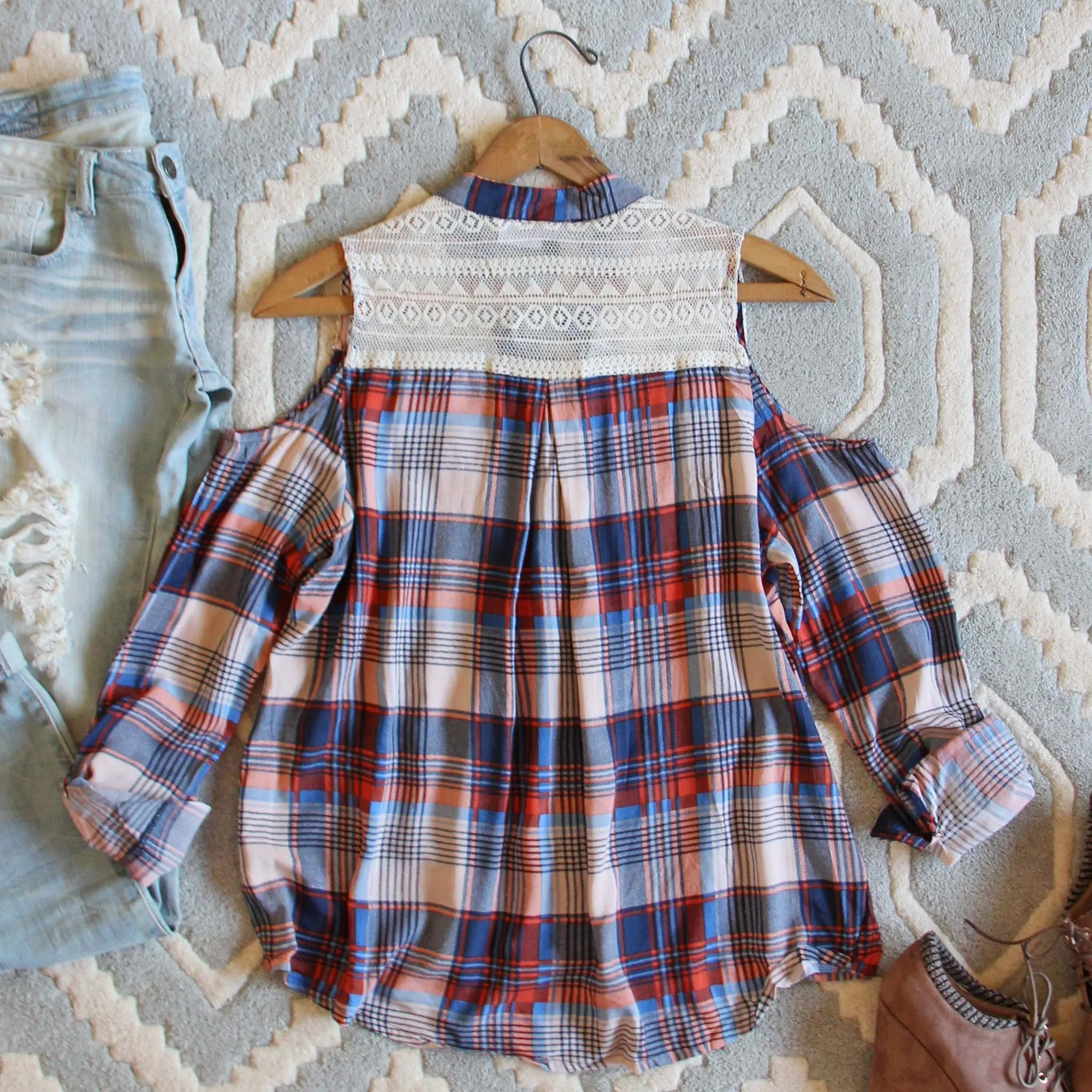 Cold Shoulder Plaid Top
