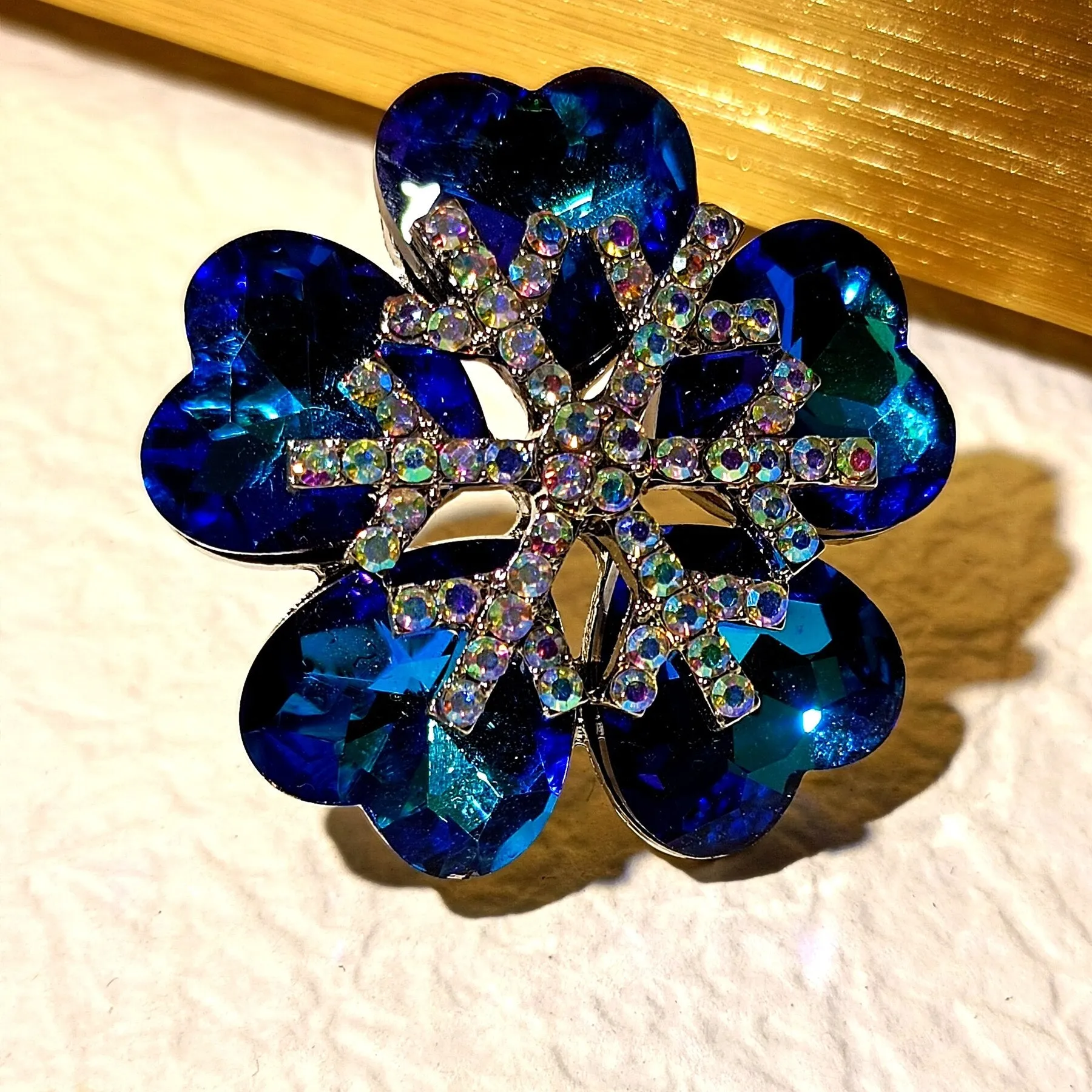 Deliciated Blue Heart Shaped Flower Brooch with AB Snowflake Accent