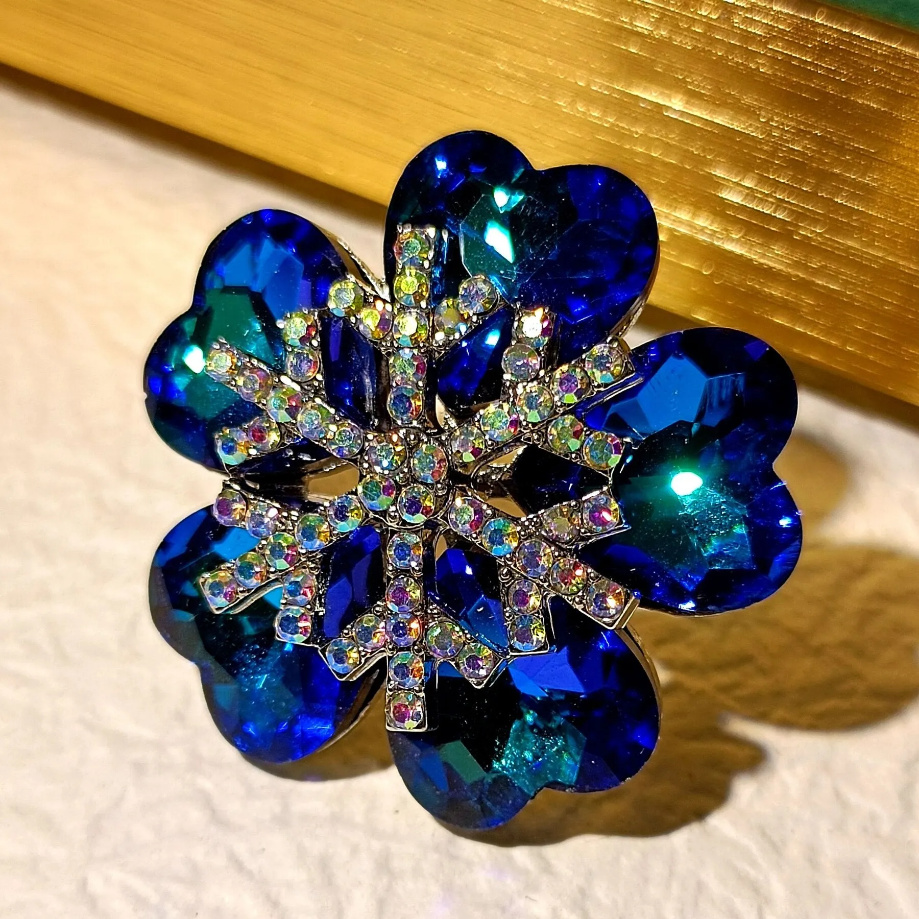 Deliciated Blue Heart Shaped Flower Brooch with AB Snowflake Accent