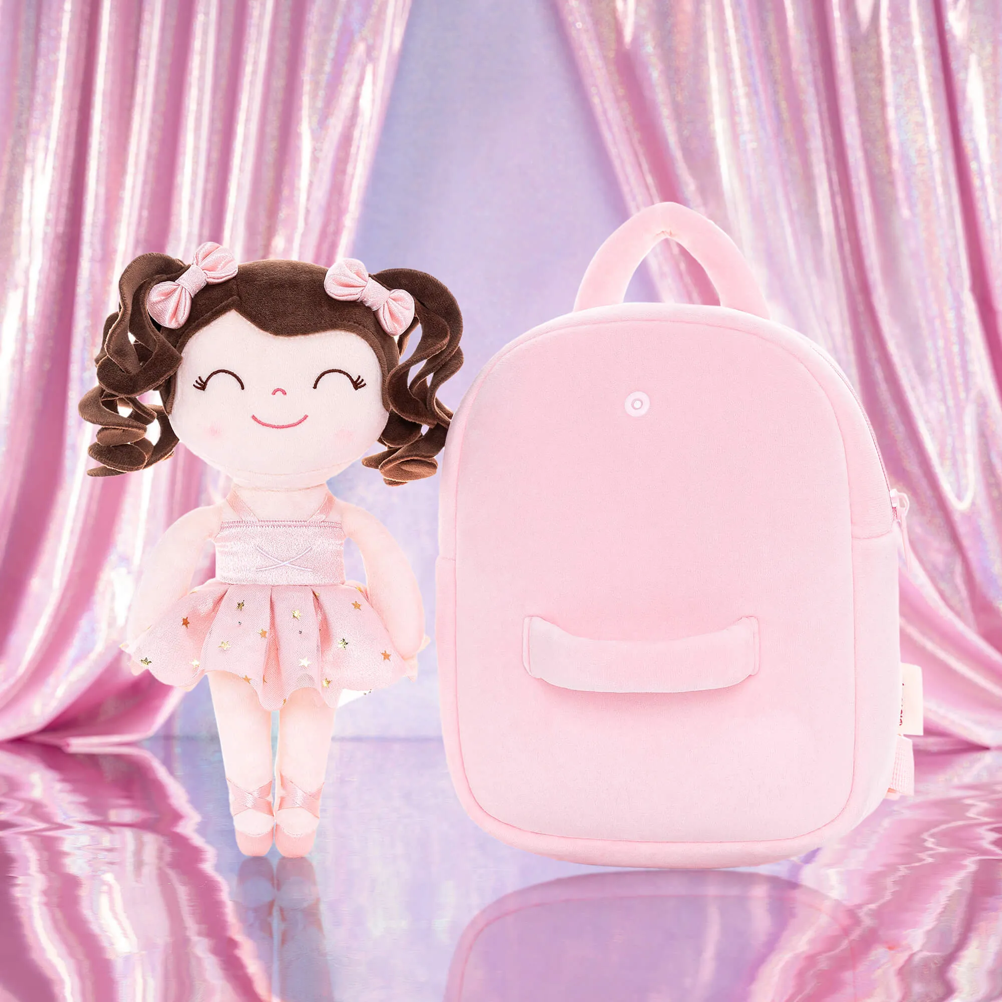 Gloveleya 9-inch Toddler Backpack Plush Curly Ballet Girl Dolls Backpack Champagne Pink Ballet Dream