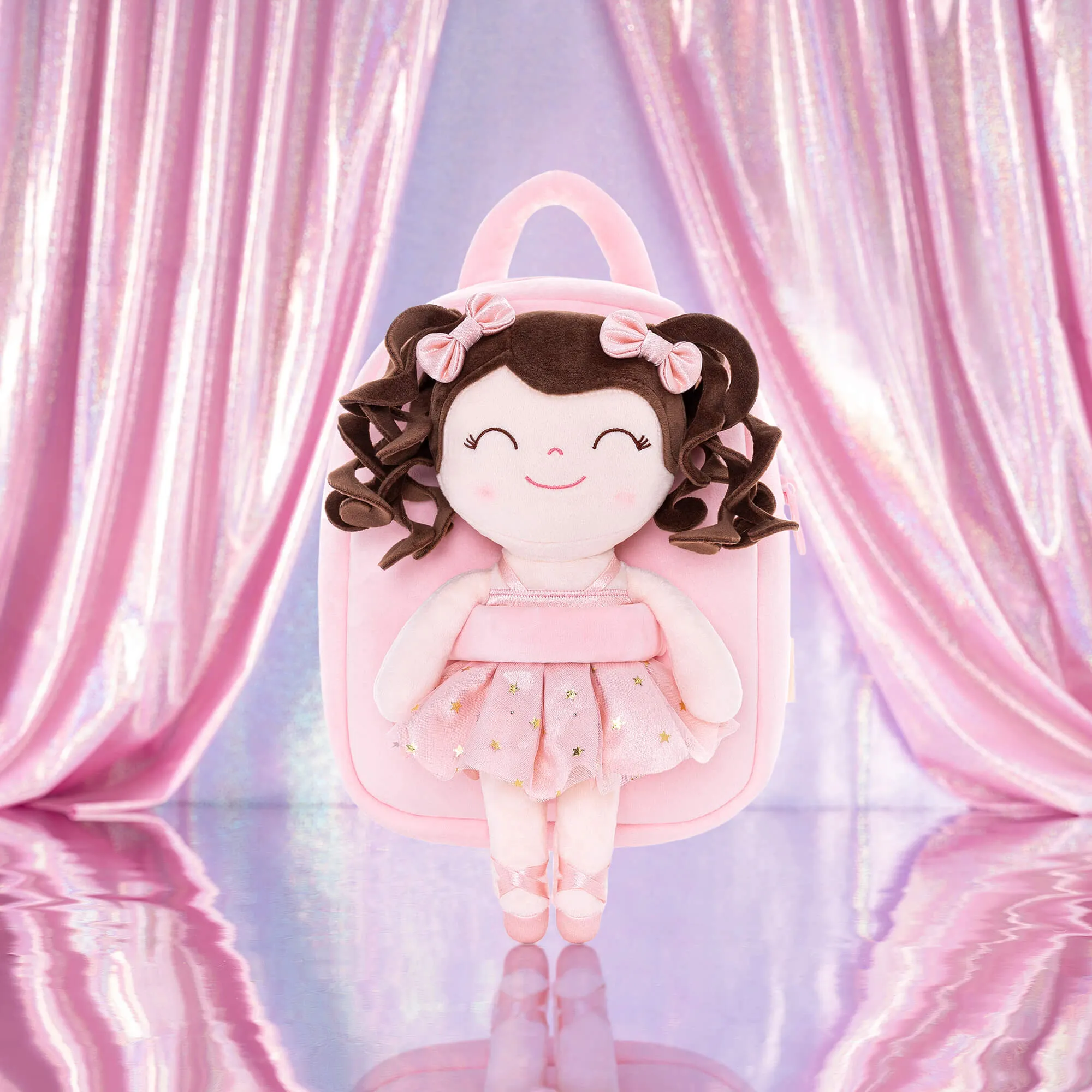 Gloveleya 9-inch Toddler Backpack Plush Curly Ballet Girl Dolls Backpack Champagne Pink Ballet Dream