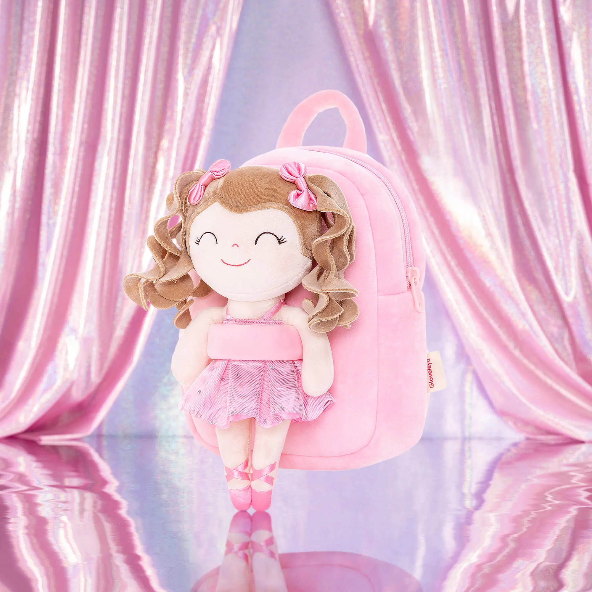 Gloveleya 9-inch Toddler Backpack Plush Curly Ballet Girl Dolls Backpack Peach Ballet Dream