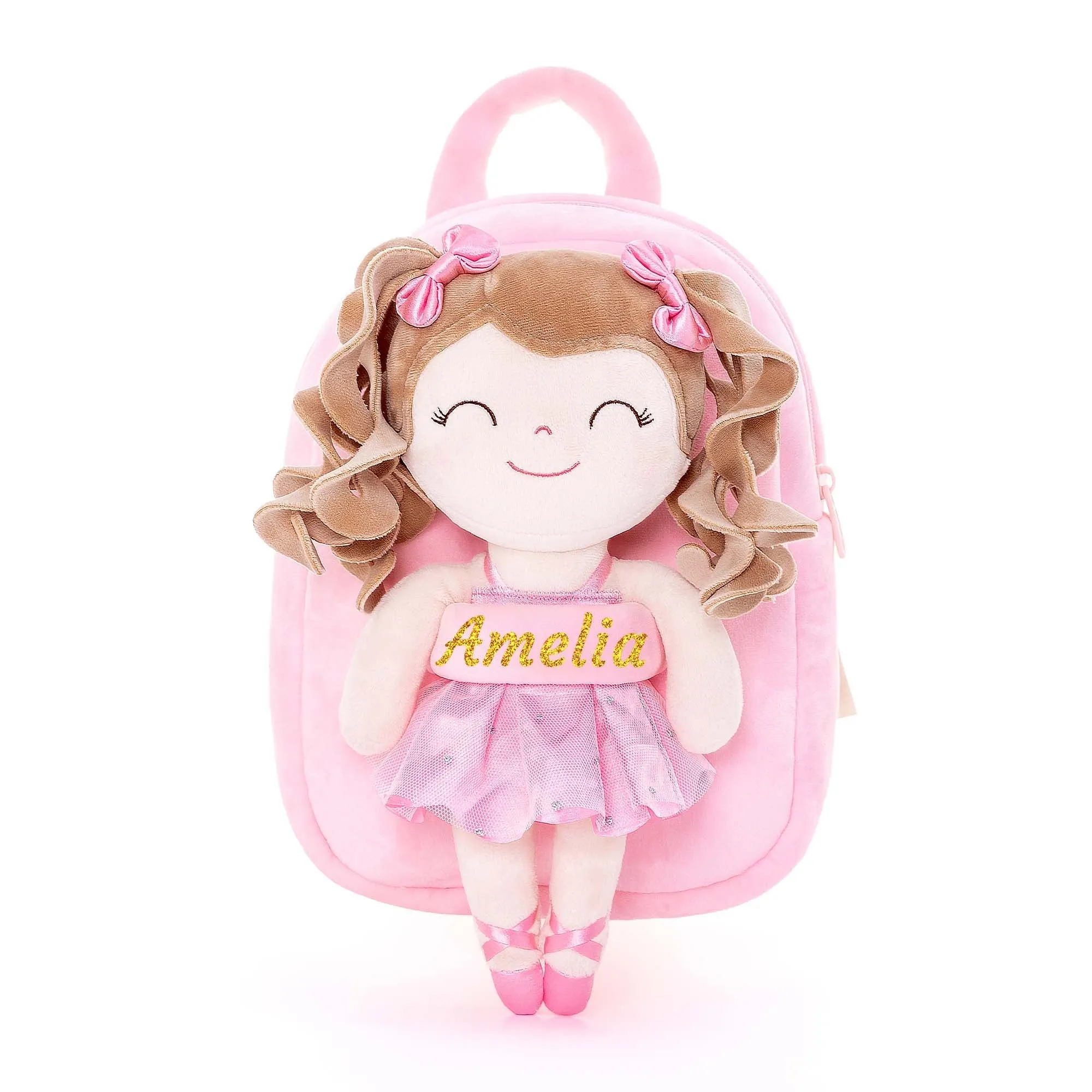 Gloveleya 9-inch Toddler Backpack Plush Curly Ballet Girl Dolls Backpack Peach Ballet Dream