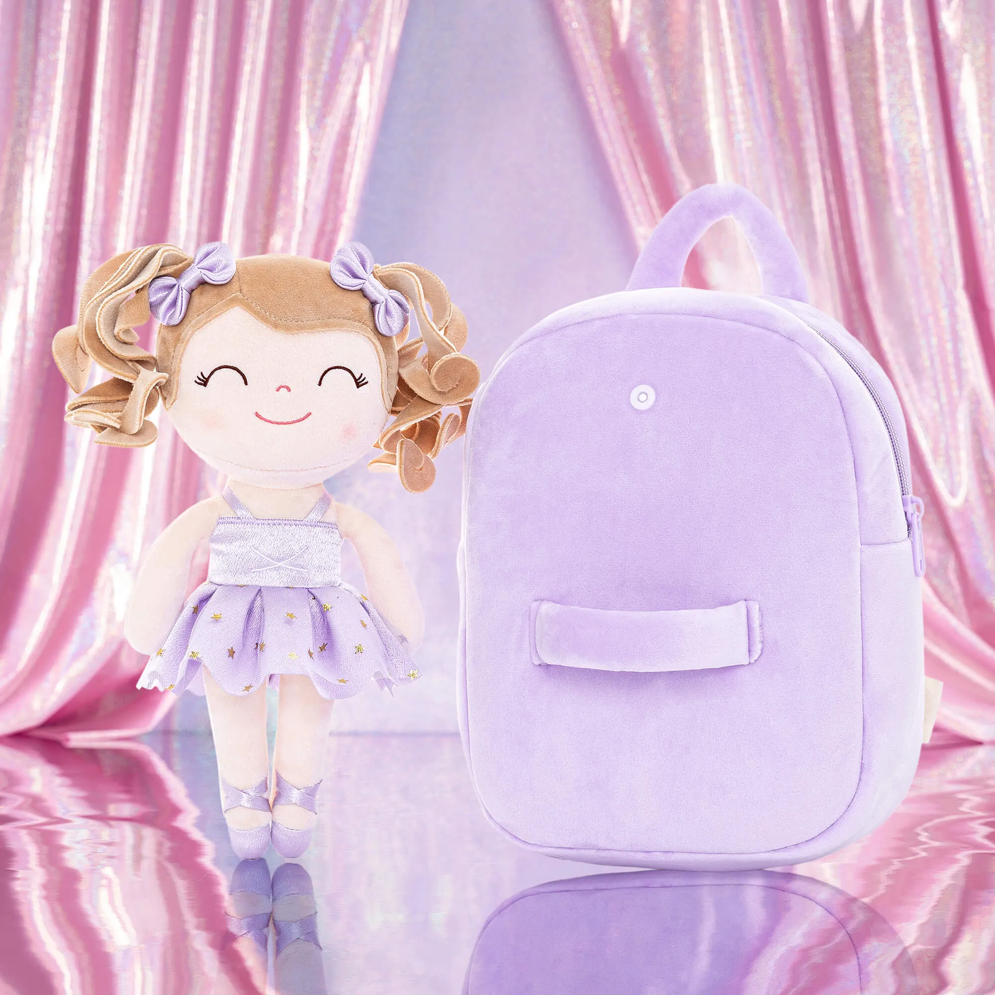 Gloveleya 9-inch Toddler Backpack Plush Curly Ballet Girl Dolls Backpack Purple Ballet Dream