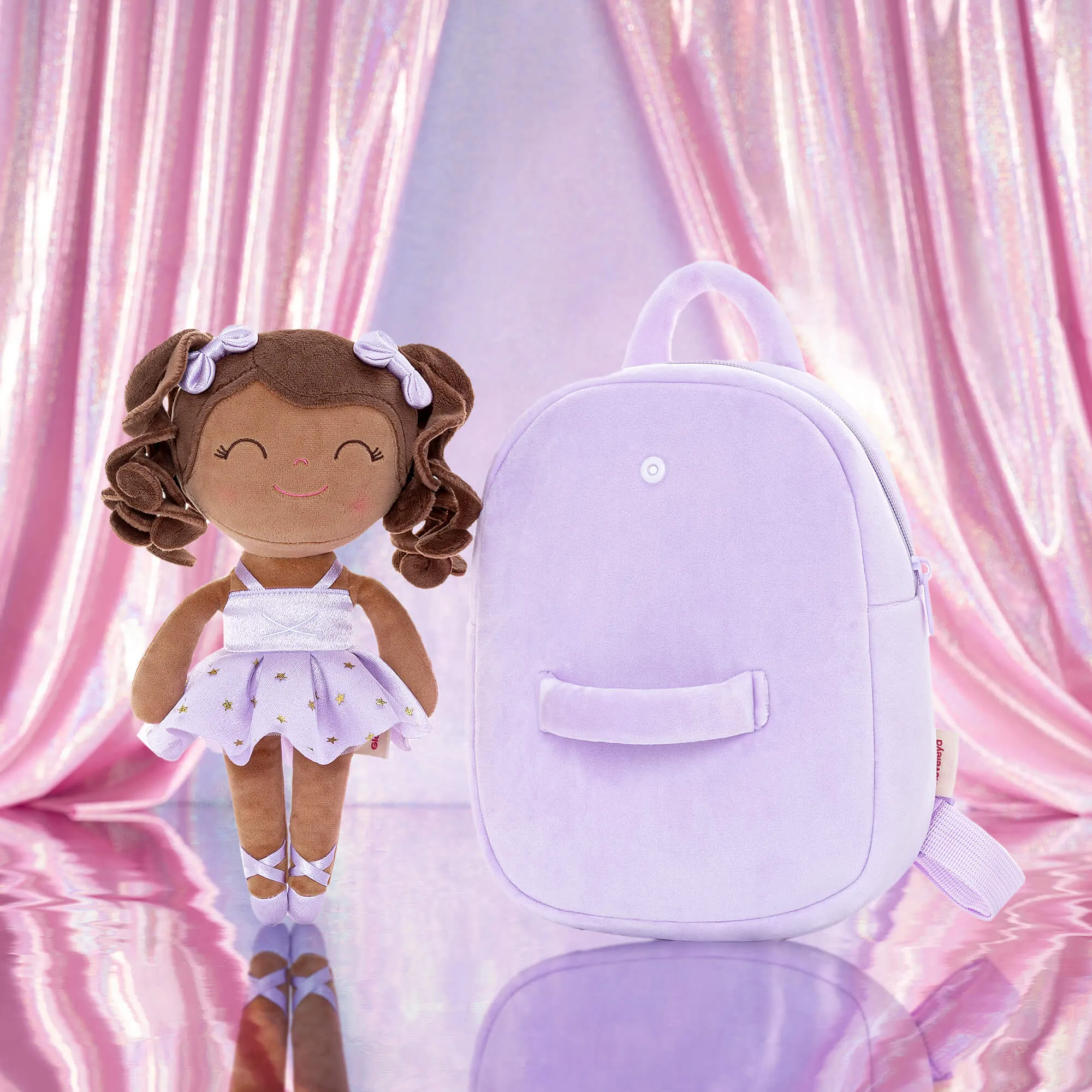 Gloveleya 9-inch Toddler Backpack Plush Curly Ballet Girl Dolls Backpack Tanned Purple Ballet Dream